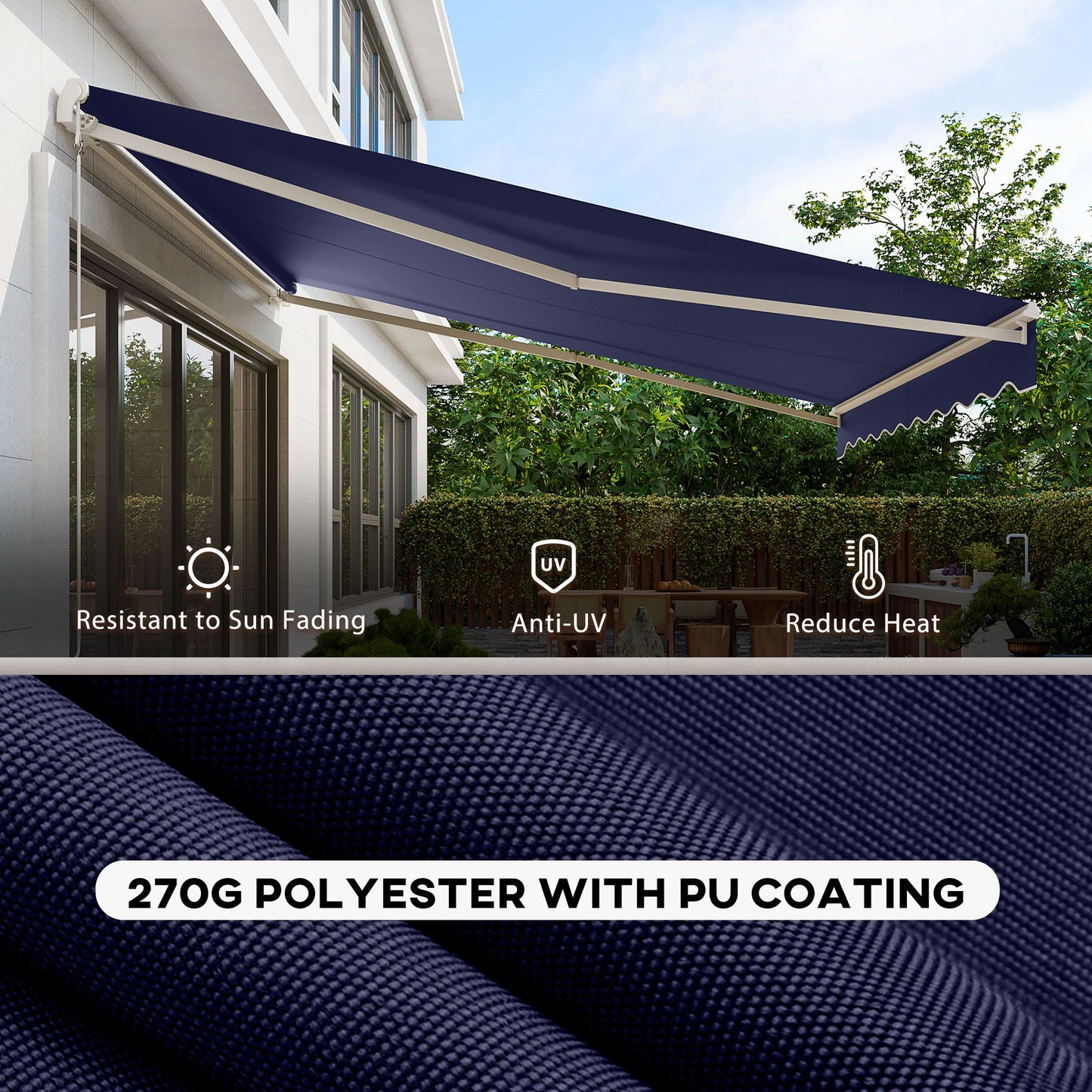 '-Outsunny 12' x 10' Electric Retractable Awning Sunshade Shelter with Remote Controller, Crank Handle for Deck Balcony Yard, Blue - Outdoor Style Company