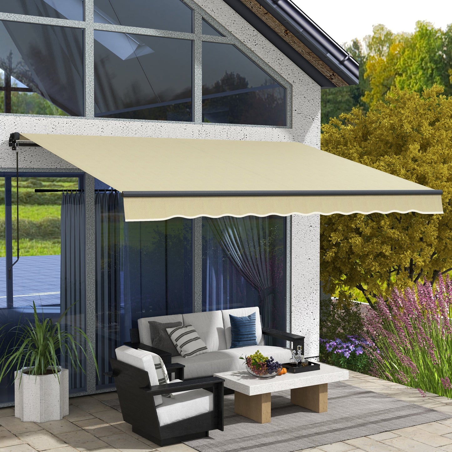 '-Outsunny 12' x 10' Retractable Awning, 280gsm UV Resistant Sunshade Shelter for Deck, Balcony, Yard, Beige - Outdoor Style Company