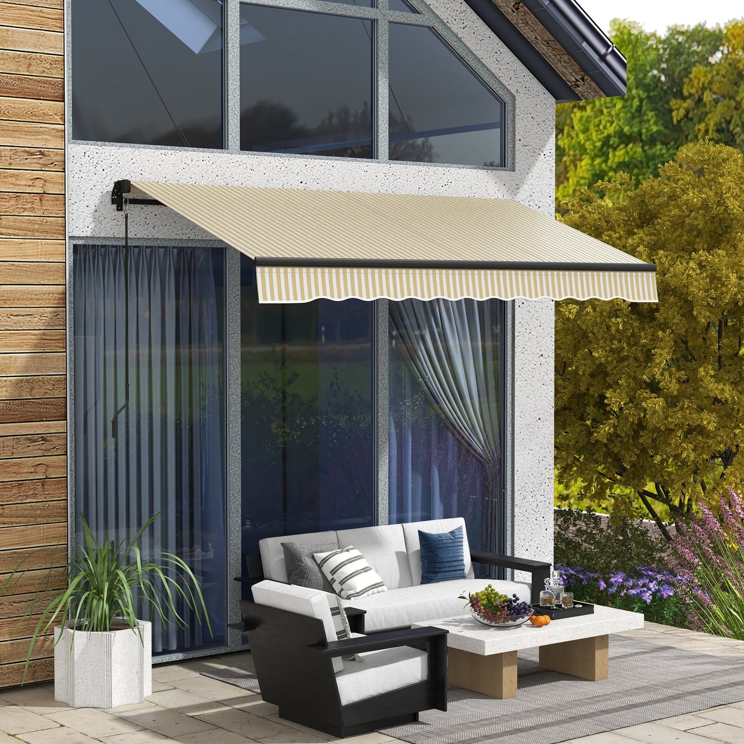 '-Outsunny 12' x 10' Retractable Awning, 280gsm UV Resistant Sunshade Shelter for Deck, Balcony, Yard, Beige and White - Outdoor Style Company