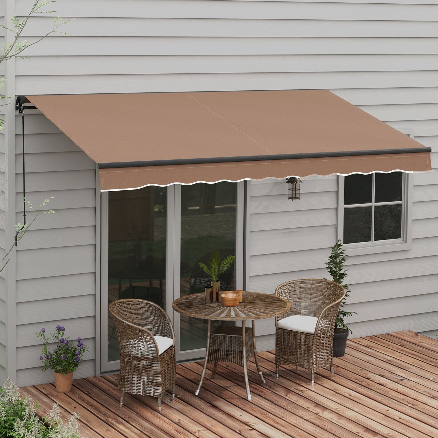 '-Outsunny 12' x 10' Retractable Awning, 280gsm UV Resistant Sunshade Shelter for Deck, Balcony, Yard, Coffee - Outdoor Style Company