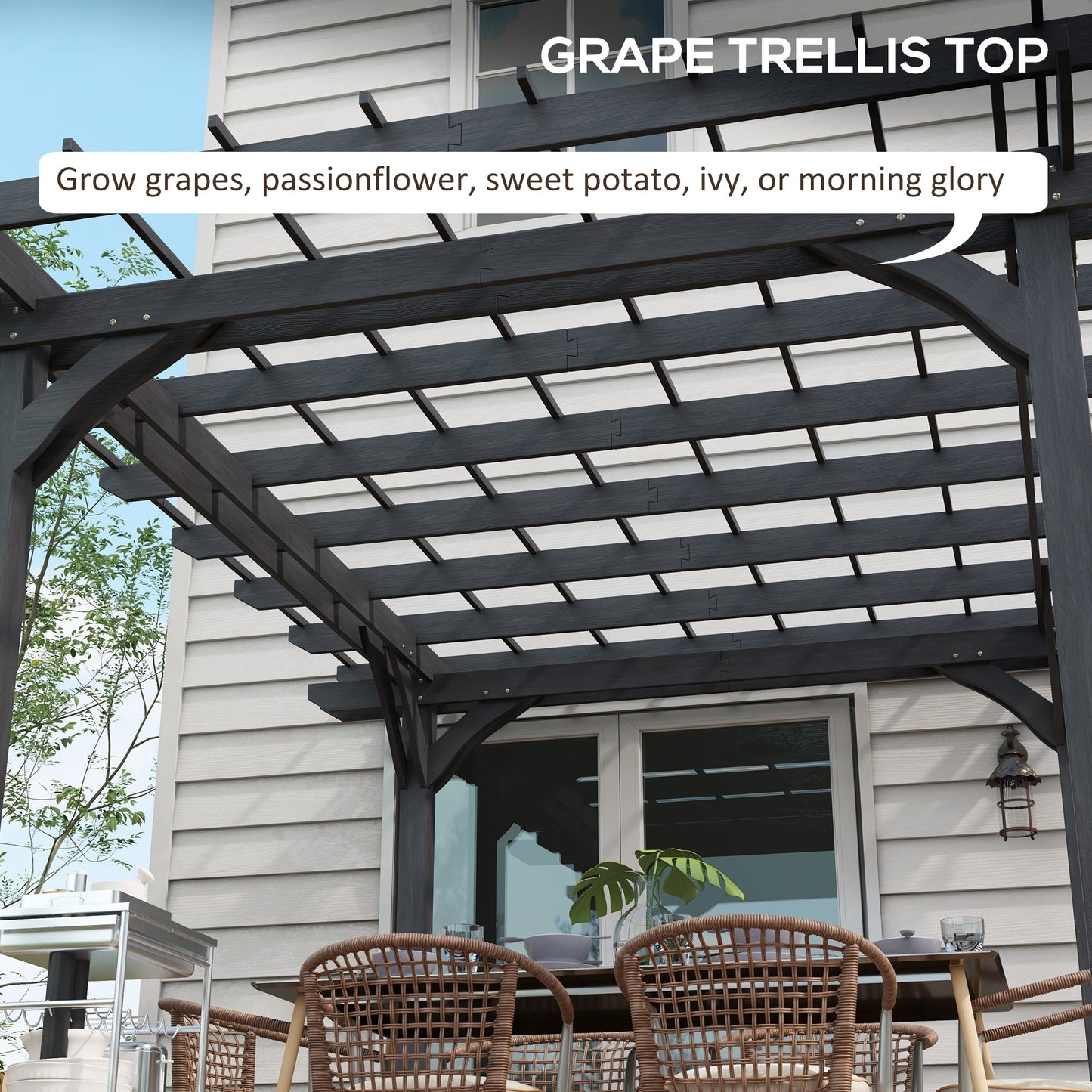 -Outsunny 12' x 10' Wooden Pergola Grape Trellis Outdoor Gazebo with Stable Structure for Garden, Patio, Backyard, Deck, Gray - Outdoor Style Company