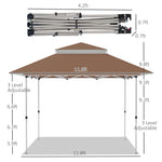 -Outsunny 12' x 12' Pop Up Canopy Sun Shade Instant Tent Folding with Mesh Sidewall Netting, 3-Level Adjustable Height and Storage Bag, Brown - Outdoor Style Company