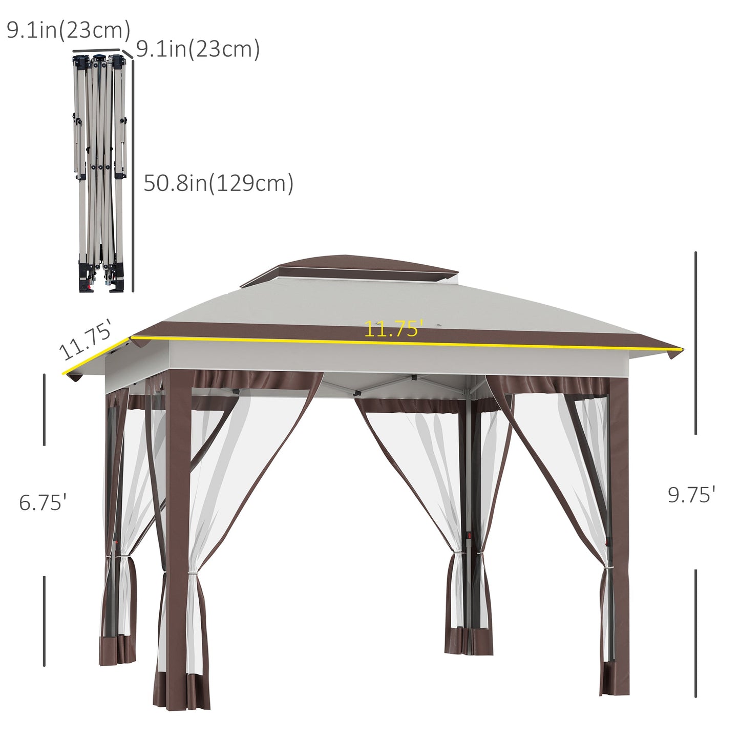 '-Outsunny 12' x 12' Pop Up Canopy Tent with Netting and Carry Bag, Instant Sun Shelter with 137 sq.ft Shade, Beige and Brown - Outdoor Style Company