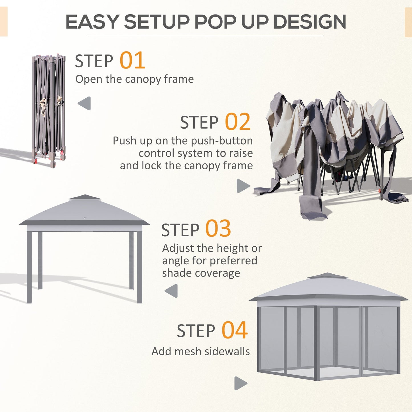 '-Outsunny 12' x 12' Pop Up Canopy with Height Adjustable and Carrying Bag, Foldable Canopy Tent with Netting Sidewalls, Gray - Outdoor Style Company