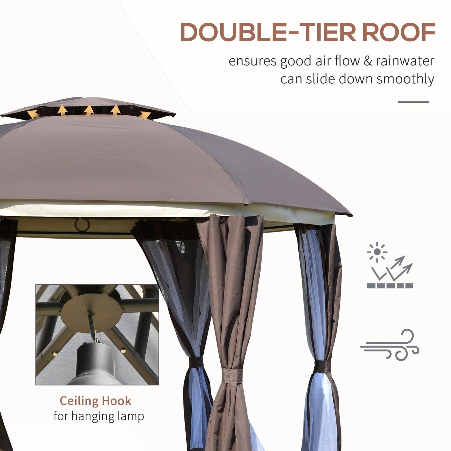 '-Outsunny 12' x 12' Steel Gazebo Canopy Party Tent Shelter with Double Roof, Curtains, Netting Sidewalls, Top Hook, Brown - Outdoor Style Company