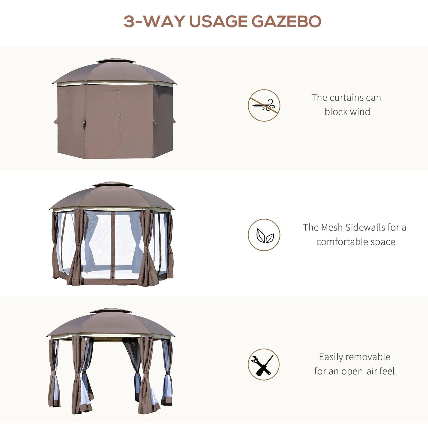 '-Outsunny 12' x 12' Steel Gazebo Canopy Party Tent Shelter with Double Roof, Curtains, Netting Sidewalls, Top Hook, Brown - Outdoor Style Company