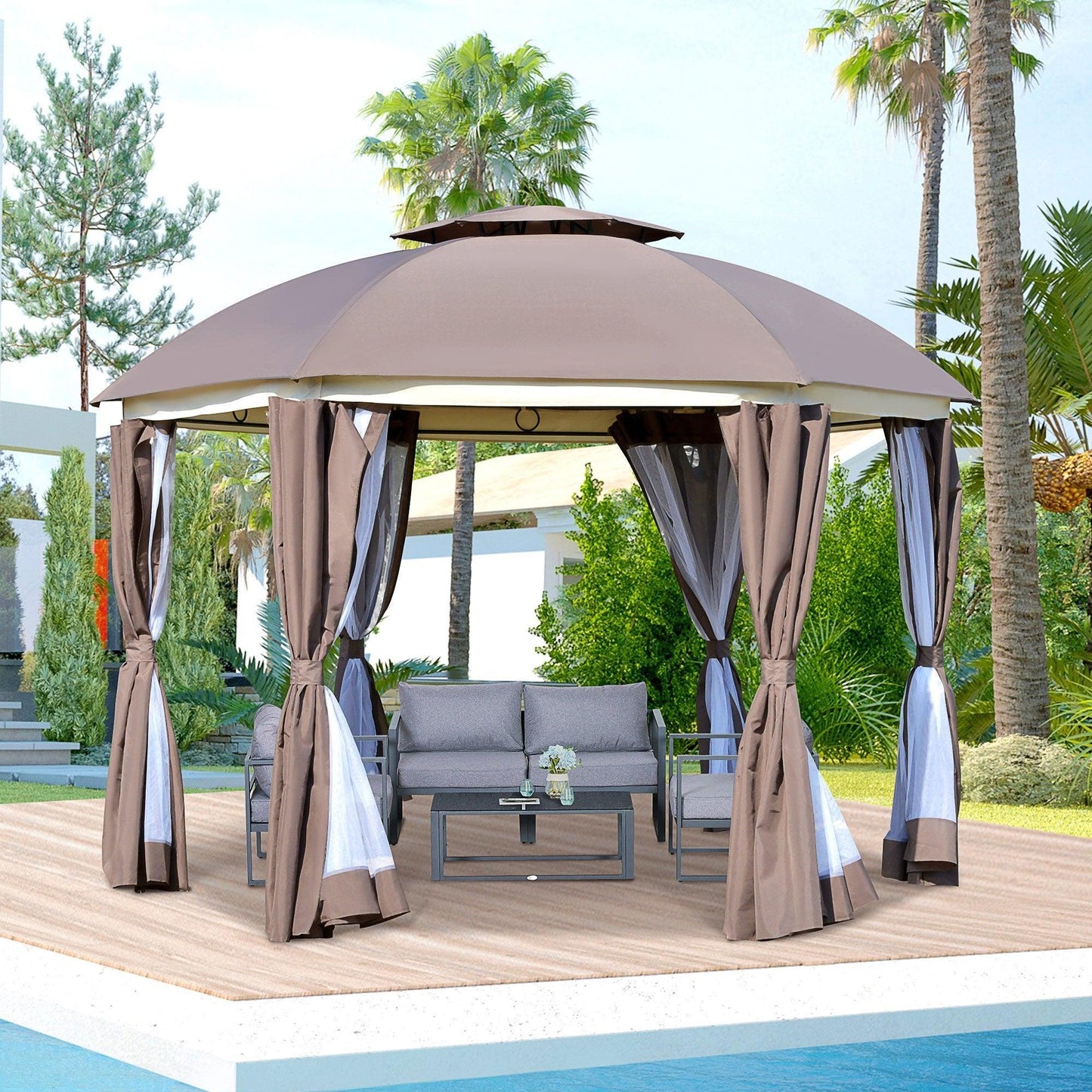 '-Outsunny 12' x 12' Steel Gazebo Canopy Party Tent Shelter with Double Roof, Curtains, Netting Sidewalls, Top Hook, Brown - Outdoor Style Company