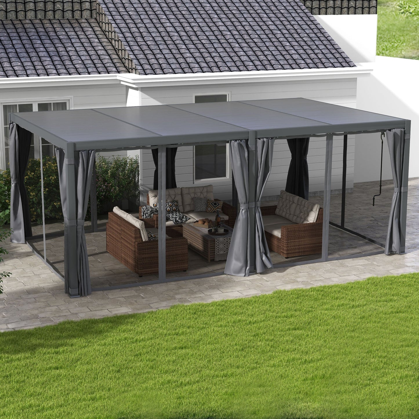 '-Outsunny 12' x 19' Aluminum Pergola with Adjustable Louvered, Outdoor Pergola with Curtains and Netting, Dark Gray - Outdoor Style Company