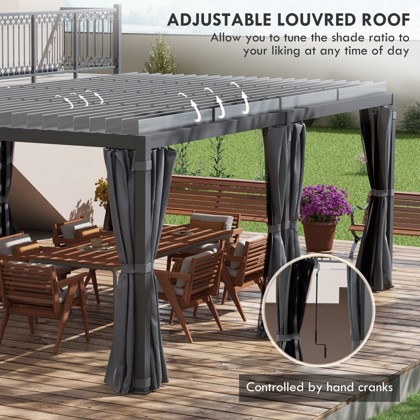 '-Outsunny 12' x 19' Aluminum Pergola with Adjustable Louvered, Outdoor Pergola with Curtains and Netting, Dark Gray - Outdoor Style Company