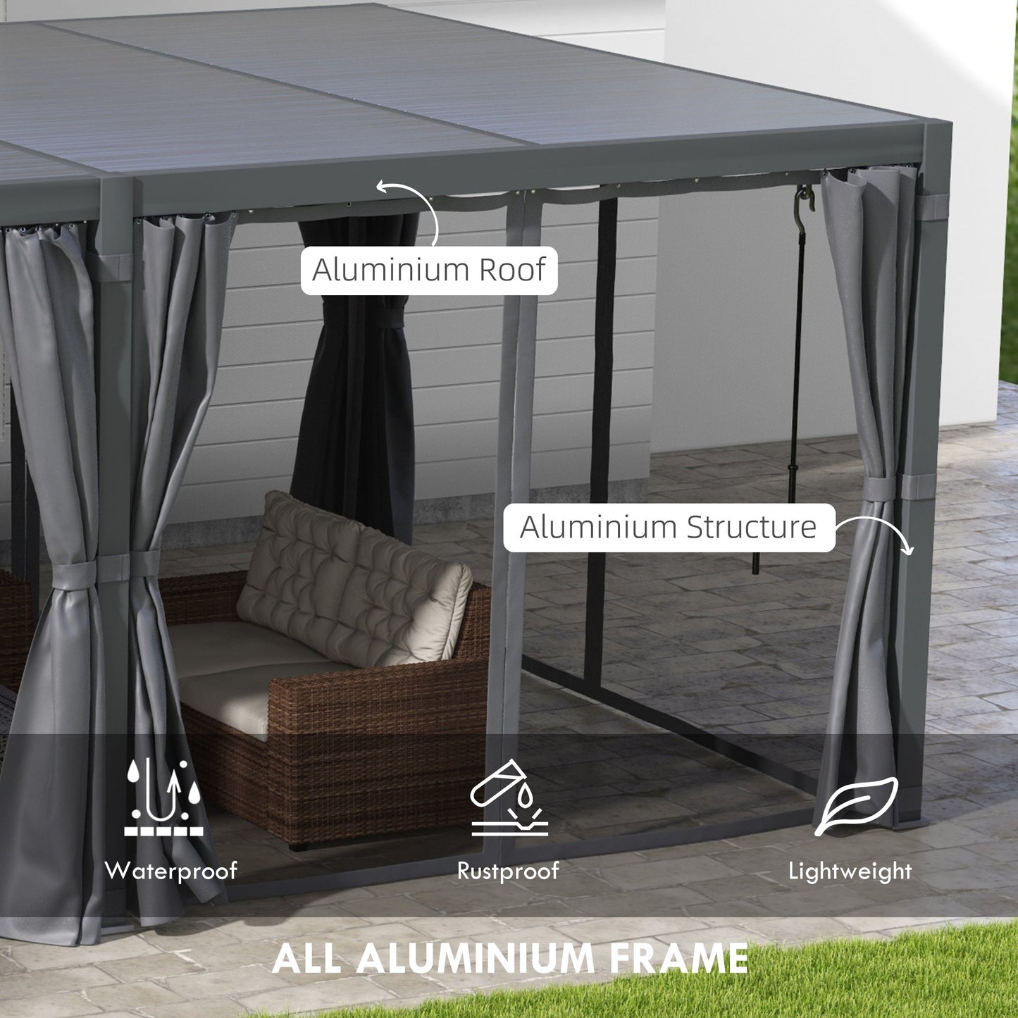 '-Outsunny 12' x 19' Aluminum Pergola with Adjustable Louvered, Outdoor Pergola with Curtains and Netting, Dark Gray - Outdoor Style Company