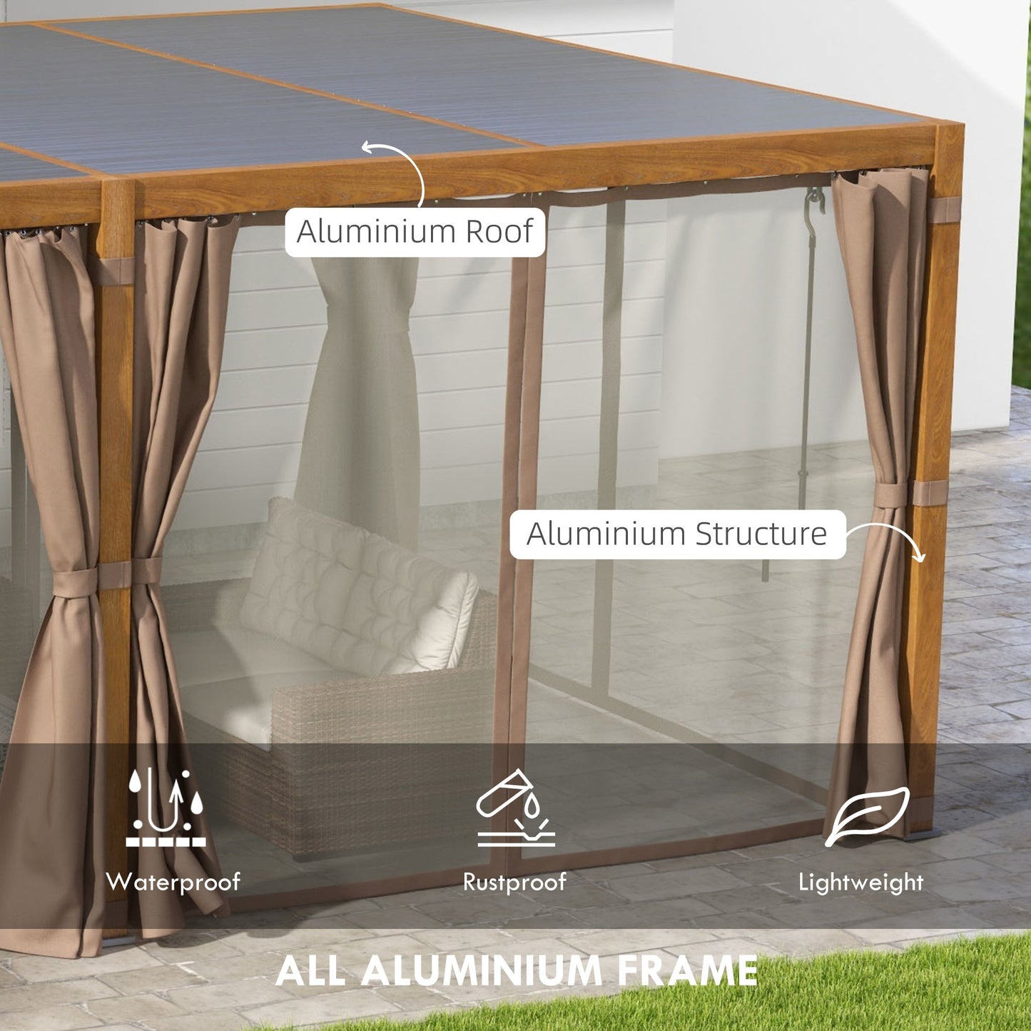 '-Outsunny 12' x 19' Aluminum Pergola with Adjustable Louvered, Outdoor Pergola with Curtains and Netting, Natural - Outdoor Style Company