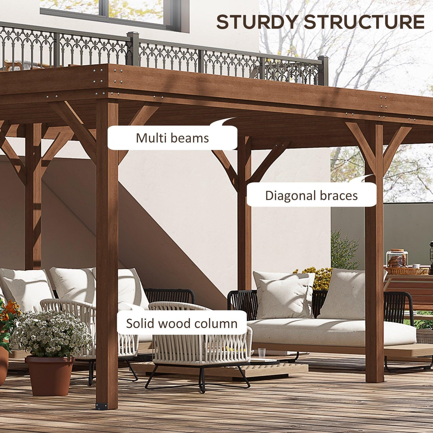 '-Outsunny 12' x 20' Outdoor Wooden Pergola, Grape Vine Gazebo with Concrete Anchors for Garden, Patio, Backyard, Deck, Brown - Outdoor Style Company