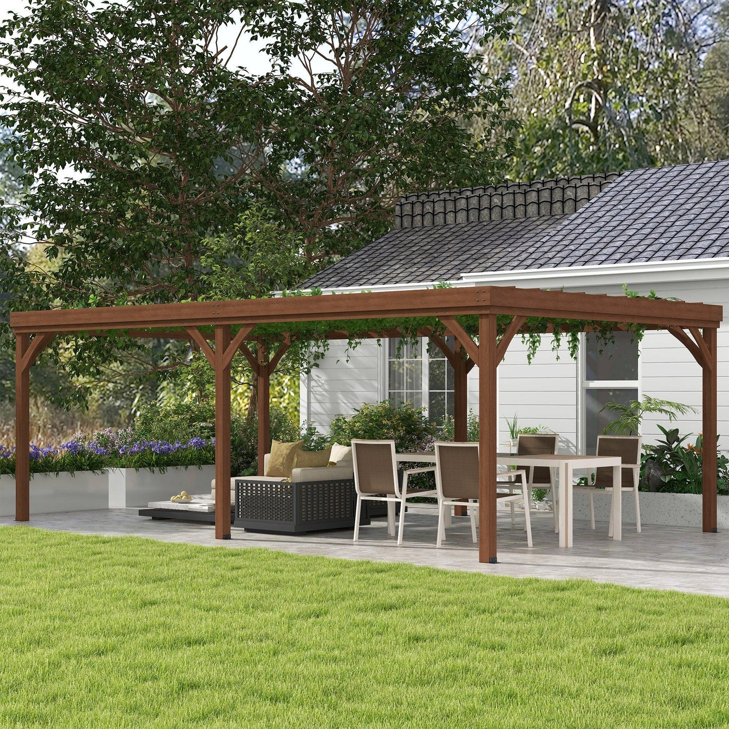 '-Outsunny 12' x 20' Outdoor Wooden Pergola, Grape Vine Gazebo with Concrete Anchors for Garden, Patio, Backyard, Deck, Brown - Outdoor Style Company