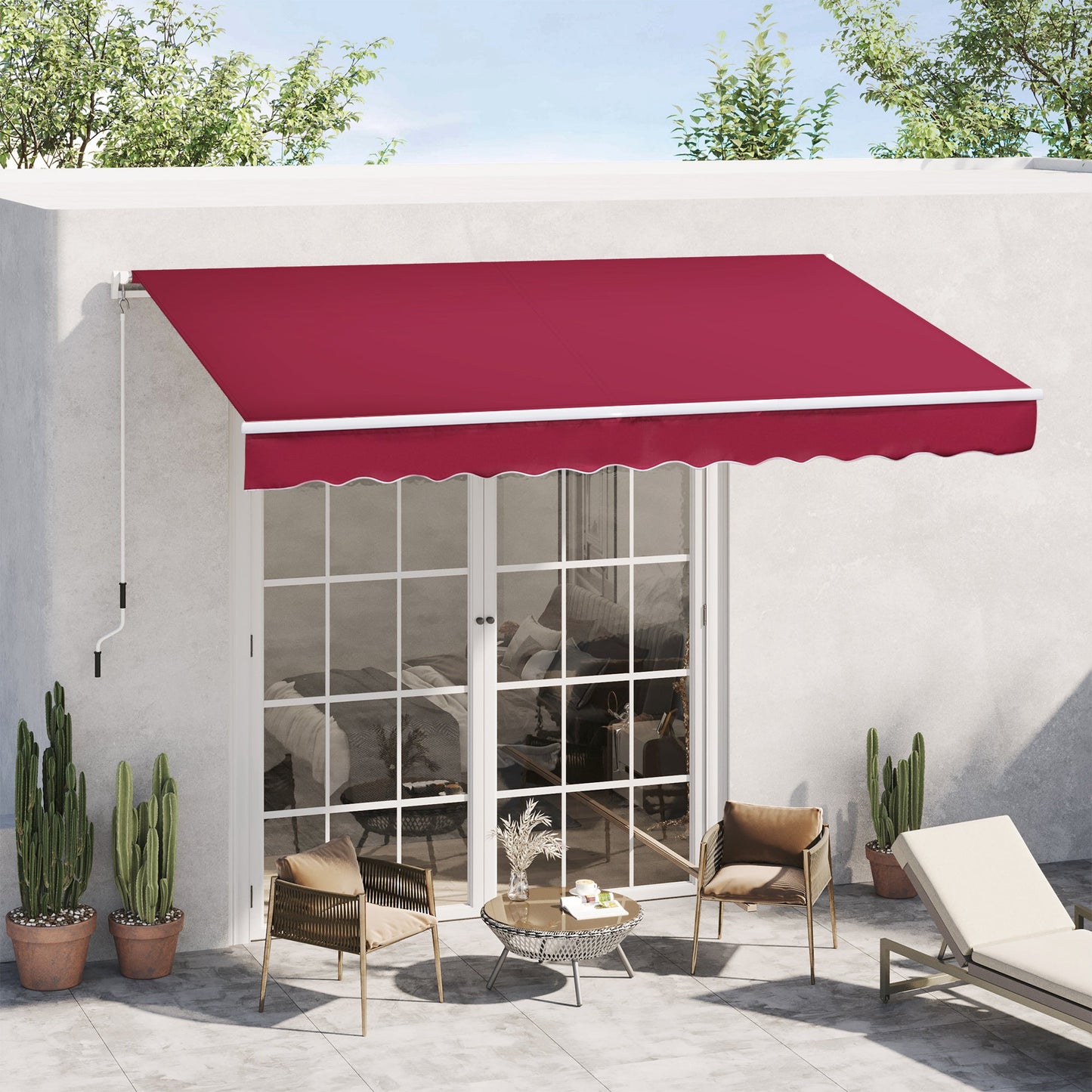 '-Outsunny 12' x 8' Patio Awning, Canopy Retractable Sun Shade Shelter w/ Manual Crank Handle for Deck, Yard, Red - Outdoor Style Company