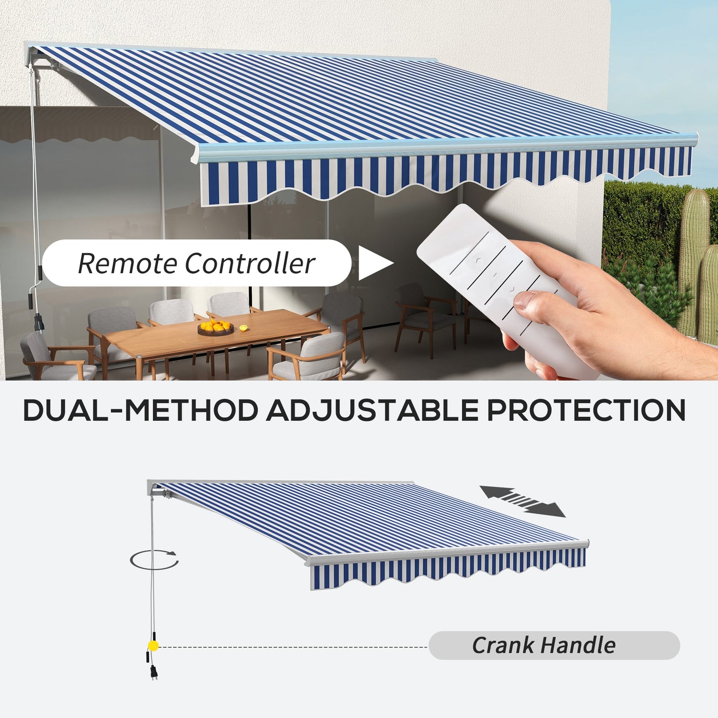 '-Outsunny 13' x 10' Electric Awning, Retractable Awning with LED Lights and Remote Controller for Door and Window, Blue and White - Outdoor Style Company