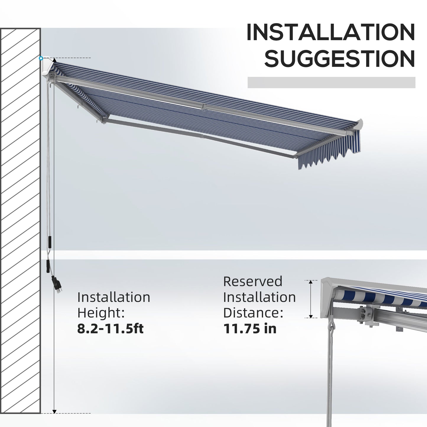 '-Outsunny 13' x 10' Electric Awning, Retractable Awning with LED Lights and Remote Controller for Door and Window, Blue and White - Outdoor Style Company