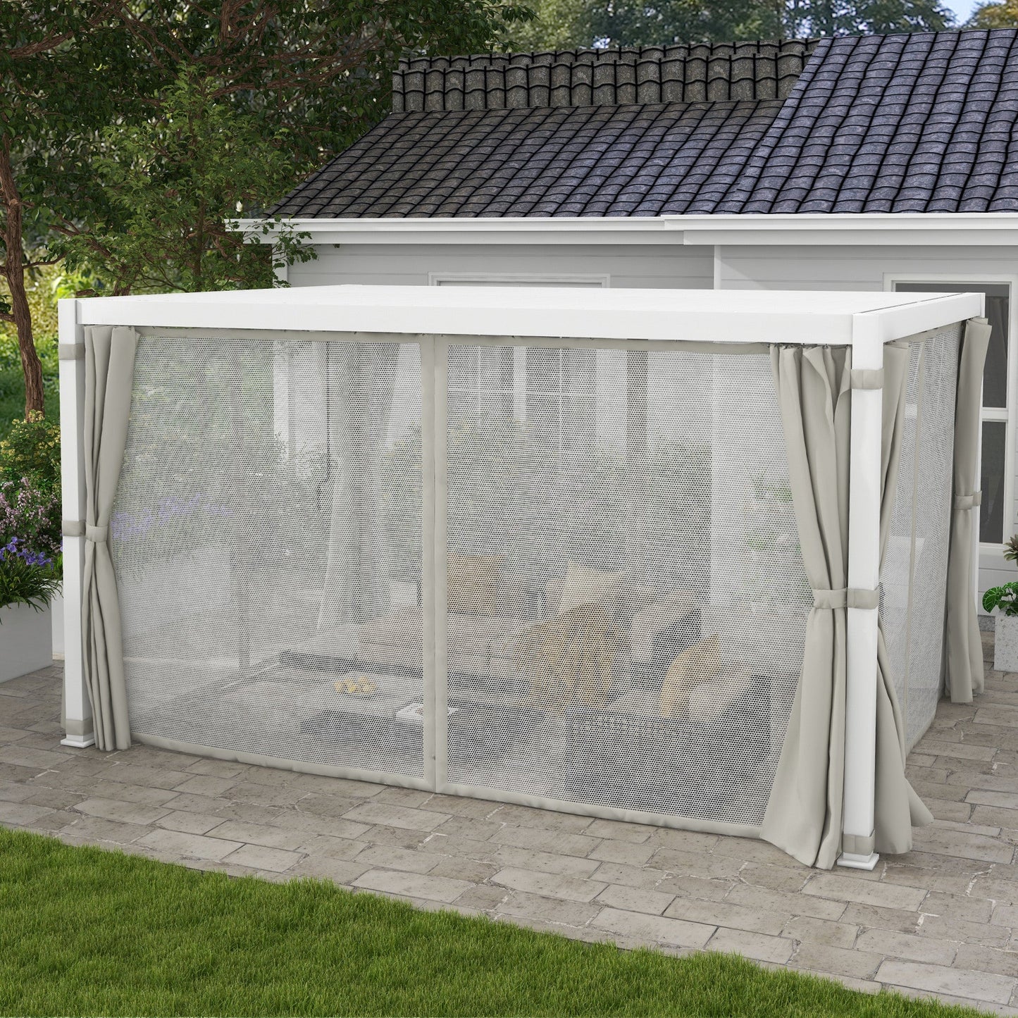 '-Outsunny 13' x 10' Outdoor Retractable Pergola w/ Sun Shade Aluminum Louvered Top, Pergola w/ Canopy, Curtains & Netting, White - Outdoor Style Company