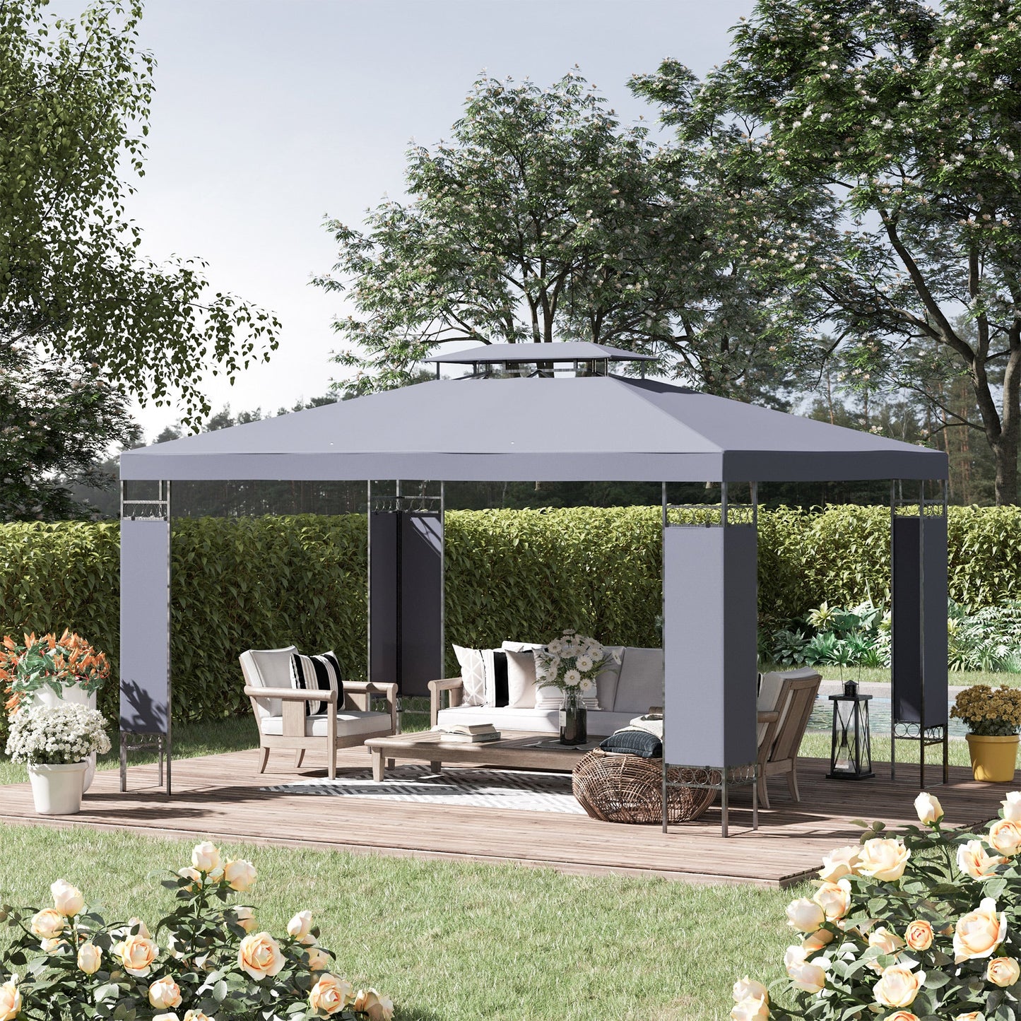 '-Outsunny 13' x 10' Patio Gazebo Outdoor Canopy Shelter with Double Vented Roof, Steel Frame for Lawn Backyard and Deck, Grey - Outdoor Style Company