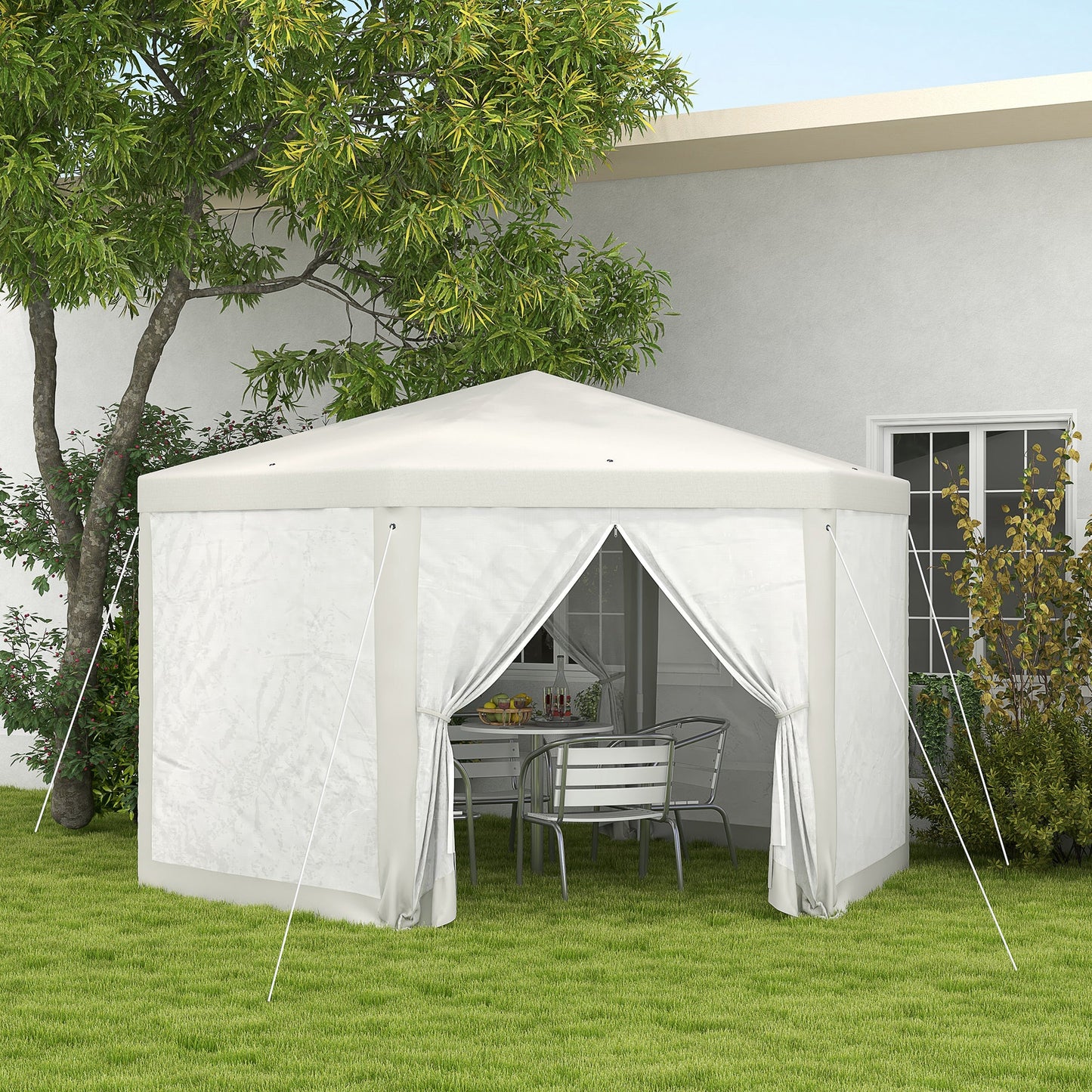 '-Outsunny 13' x 11' Hexagon Outdoor Party Tent Sun Shelter Canopy with Protective Mesh Screen Walls, Cream White - Outdoor Style Company