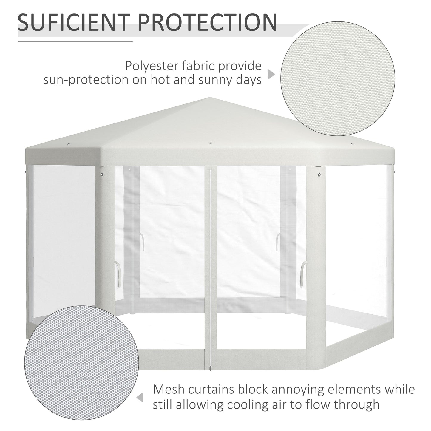 '-Outsunny 13' x 11' Hexagon Outdoor Party Tent Sun Shelter Canopy with Protective Mesh Screen Walls, Cream White - Outdoor Style Company