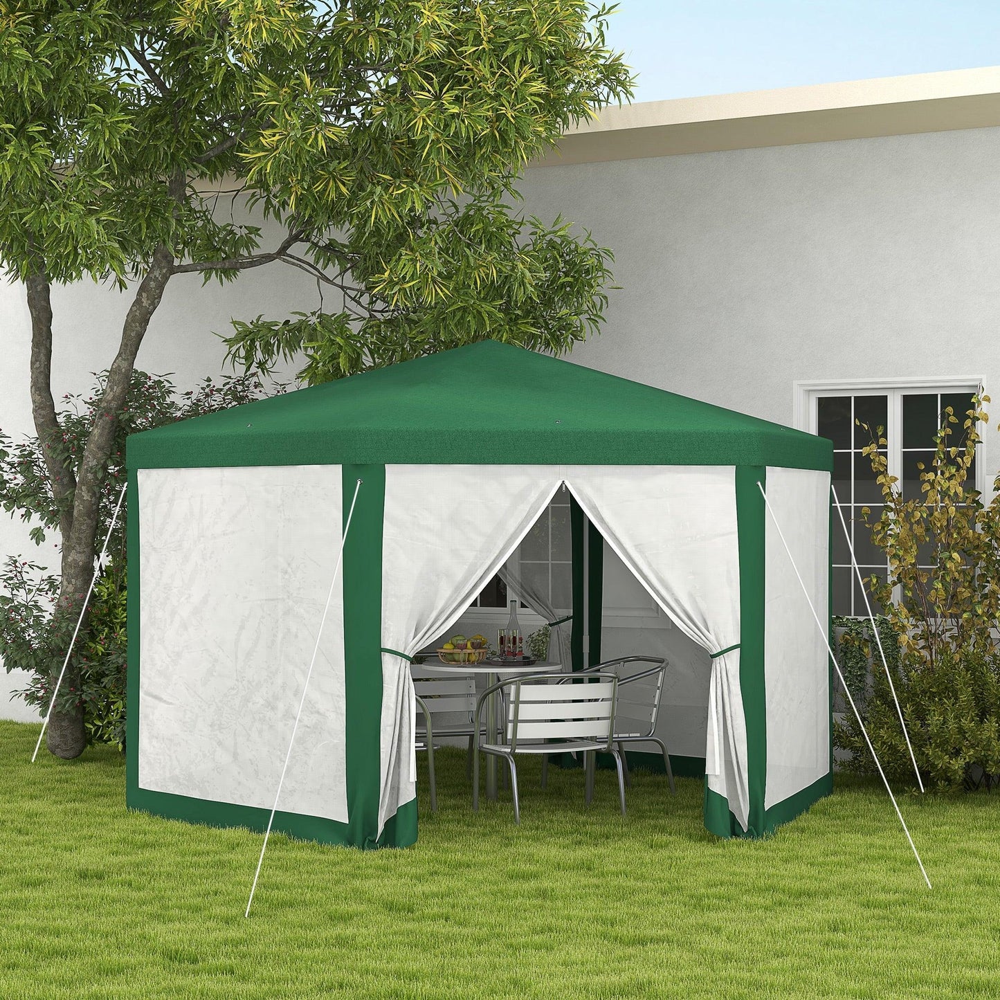 '-Outsunny 13' x 11' Hexagon Outdoor Party Tent Sun Shelter Canopy with Protective Mesh Screen Walls, Green - Outdoor Style Company