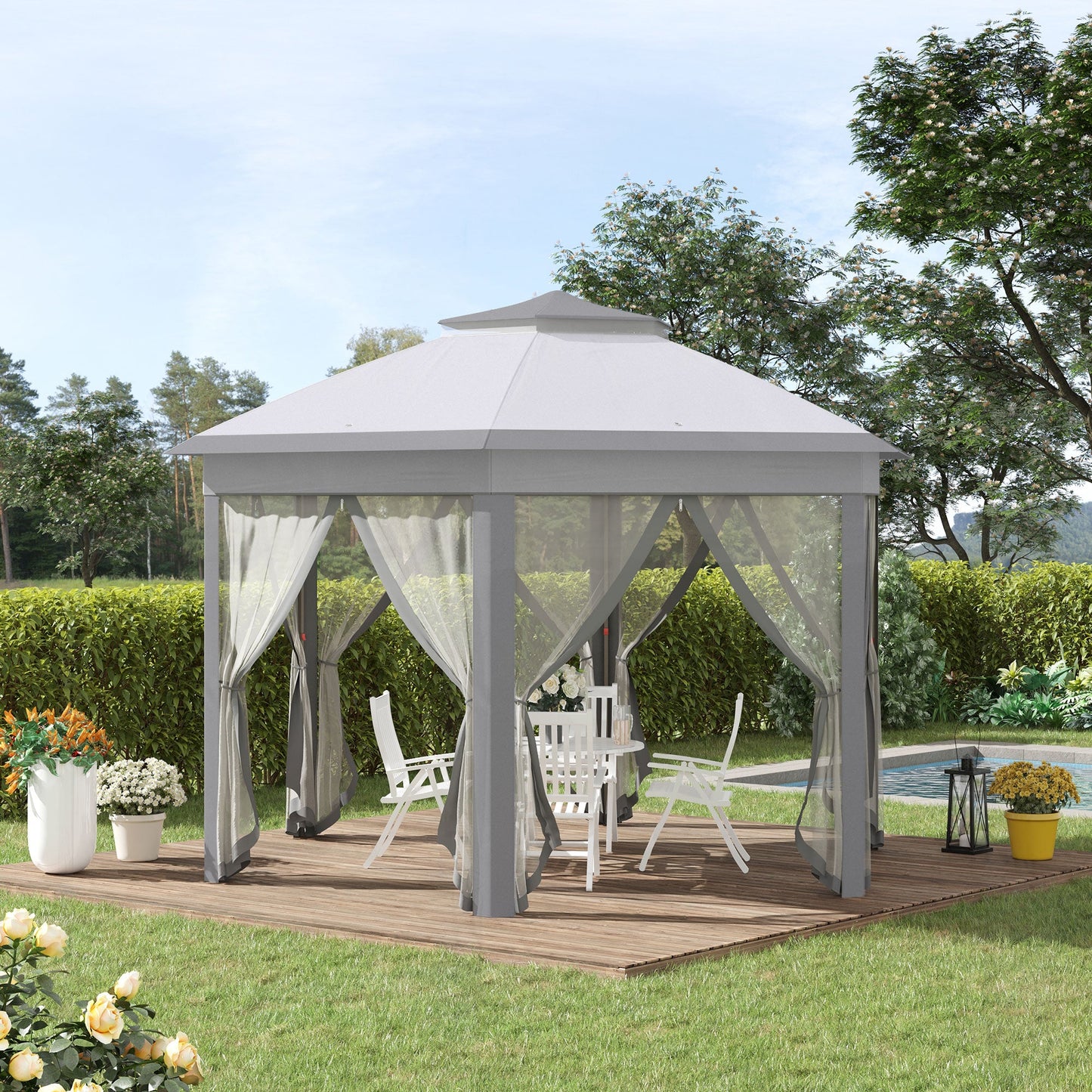 -Outsunny 13' x 13' Pop Up Gazebo Hexagonal Canopy Shelter with 6 Zippered Mesh Netting for Patio Backyard Garden Wedding Party - Outdoor Style Company