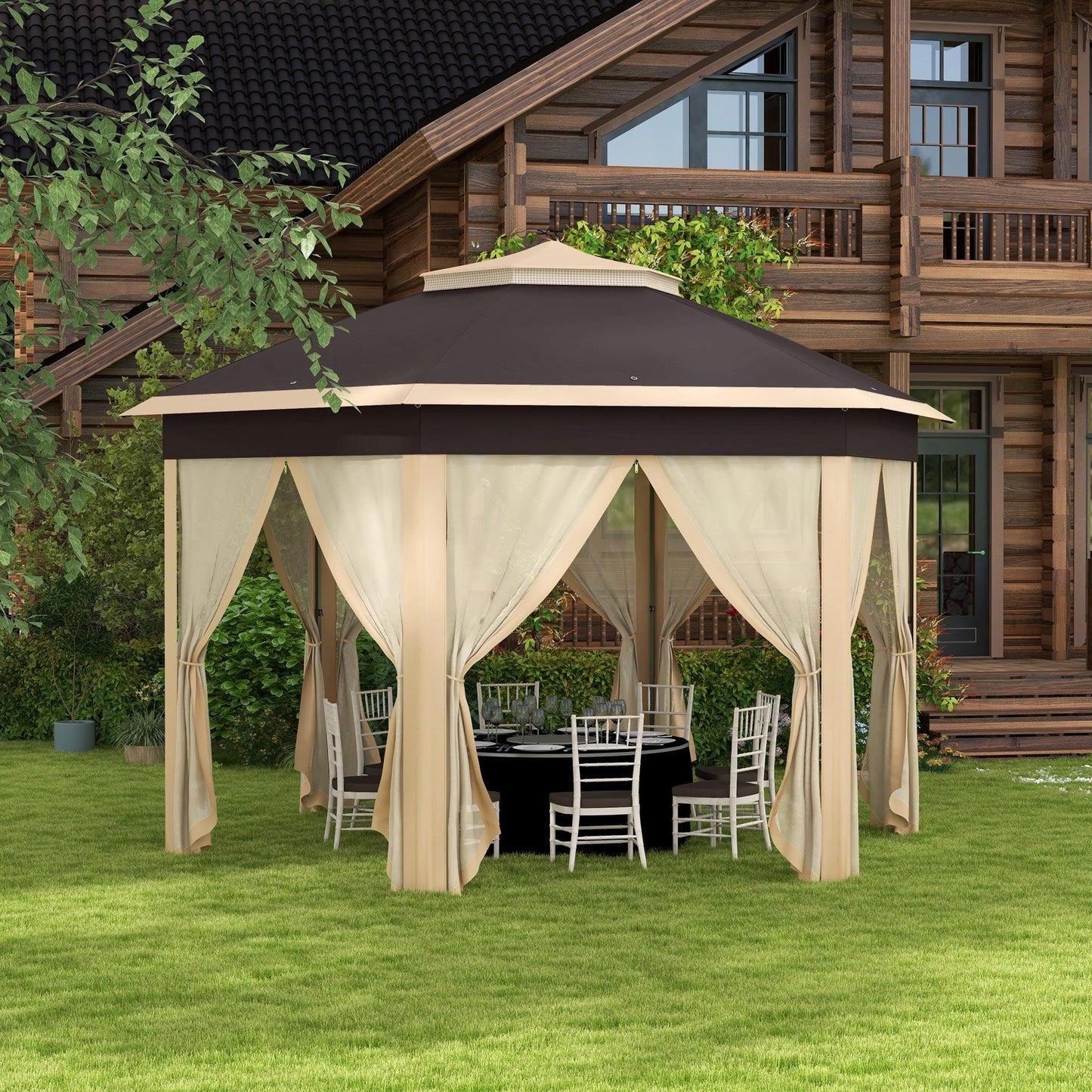 '-Outsunny 13' x 13' Pop Up Gazebo Hexagonal Canopy Shelter with 6 Zippered Mesh Netting for Patio Backyard Garden Wedding Party - Outdoor Style Company