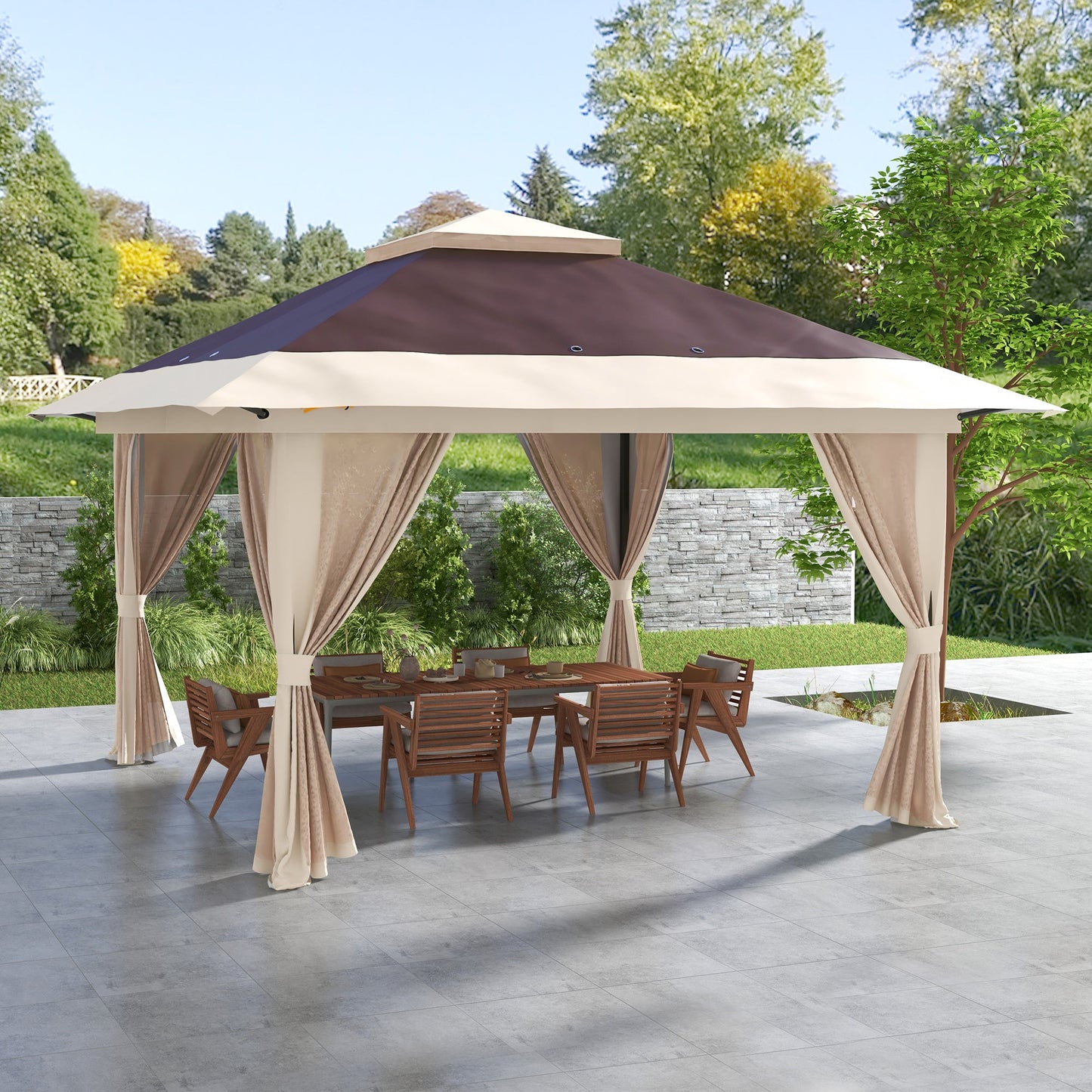 '-Outsunny 13' x 13' Pop Up Gazebo Instant Canopy Tent Shelter with 2-Tier Roof, Carry Bag, Wight Bags for Outdoor, Garden, Brown - Outdoor Style Company