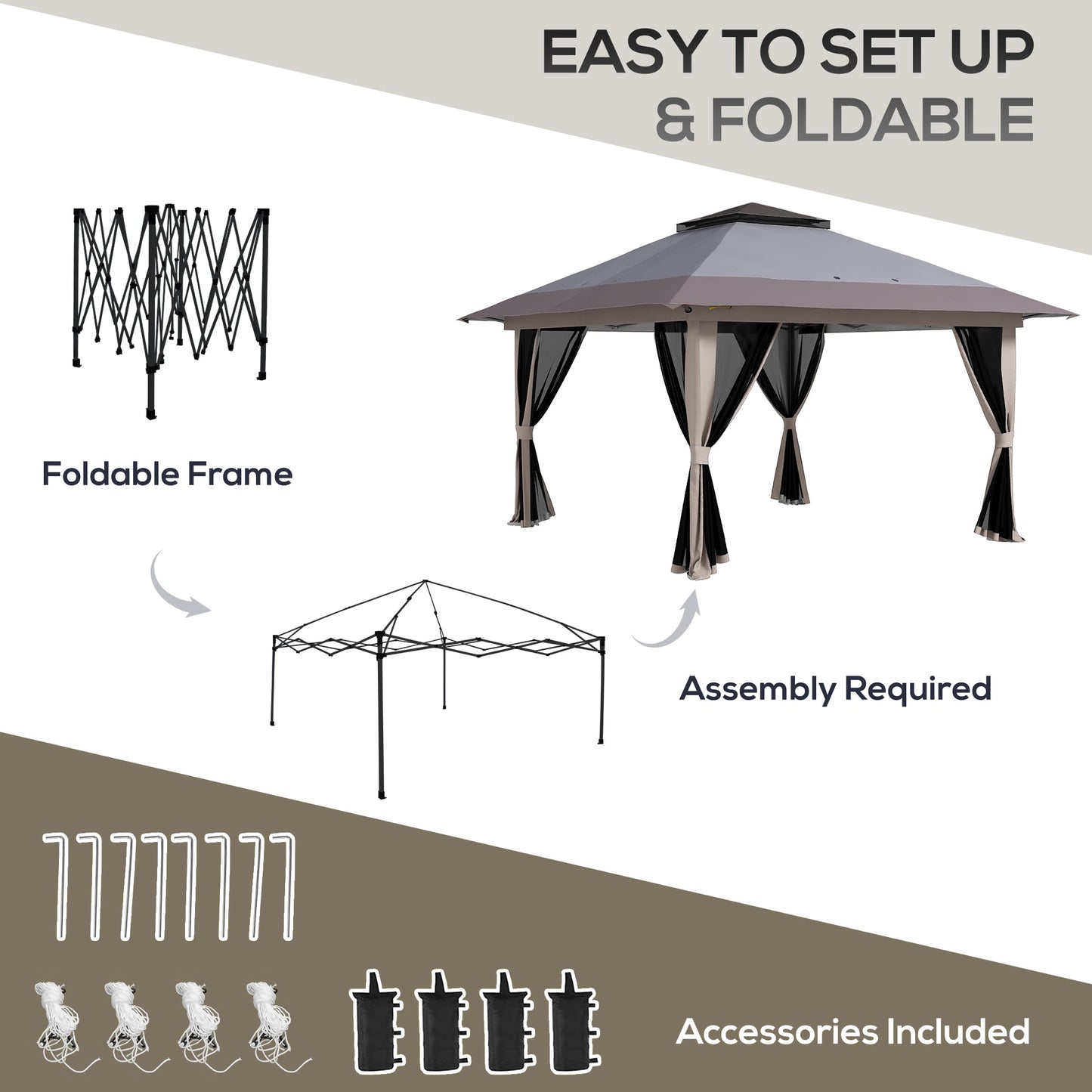 '-Outsunny 13' x 13' Pop Up Gazebo Instant Canopy Tent Shelter with 2-Tier Roof, Carry Bag, Wight Bags for Outdoor, Garden, Gray - Outdoor Style Company