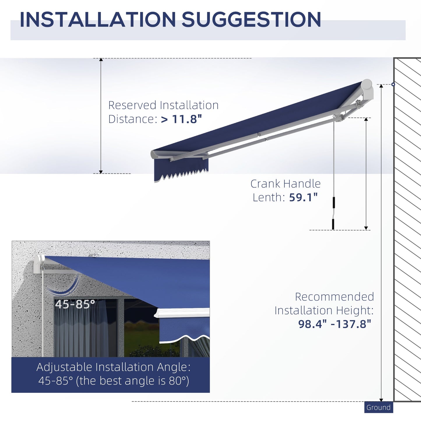 '-Outsunny 13' x 8' Patio Awning, Manual Retractable Sun Shade with UV Protection and Easy Crank Opening, Dark Blue - Outdoor Style Company