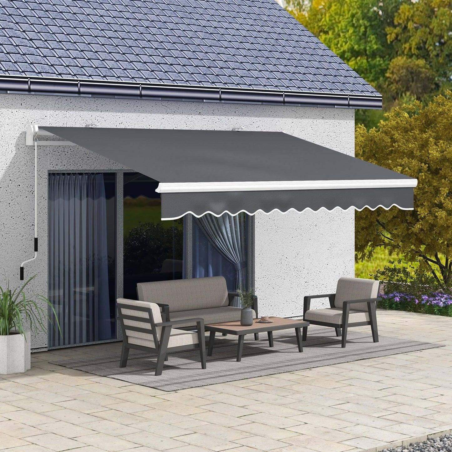 '-Outsunny 13' x 8' Patio Awning, Manual Retractable Sun Shade with UV Protection and Easy Crank Opening, Dark Gray - Outdoor Style Company