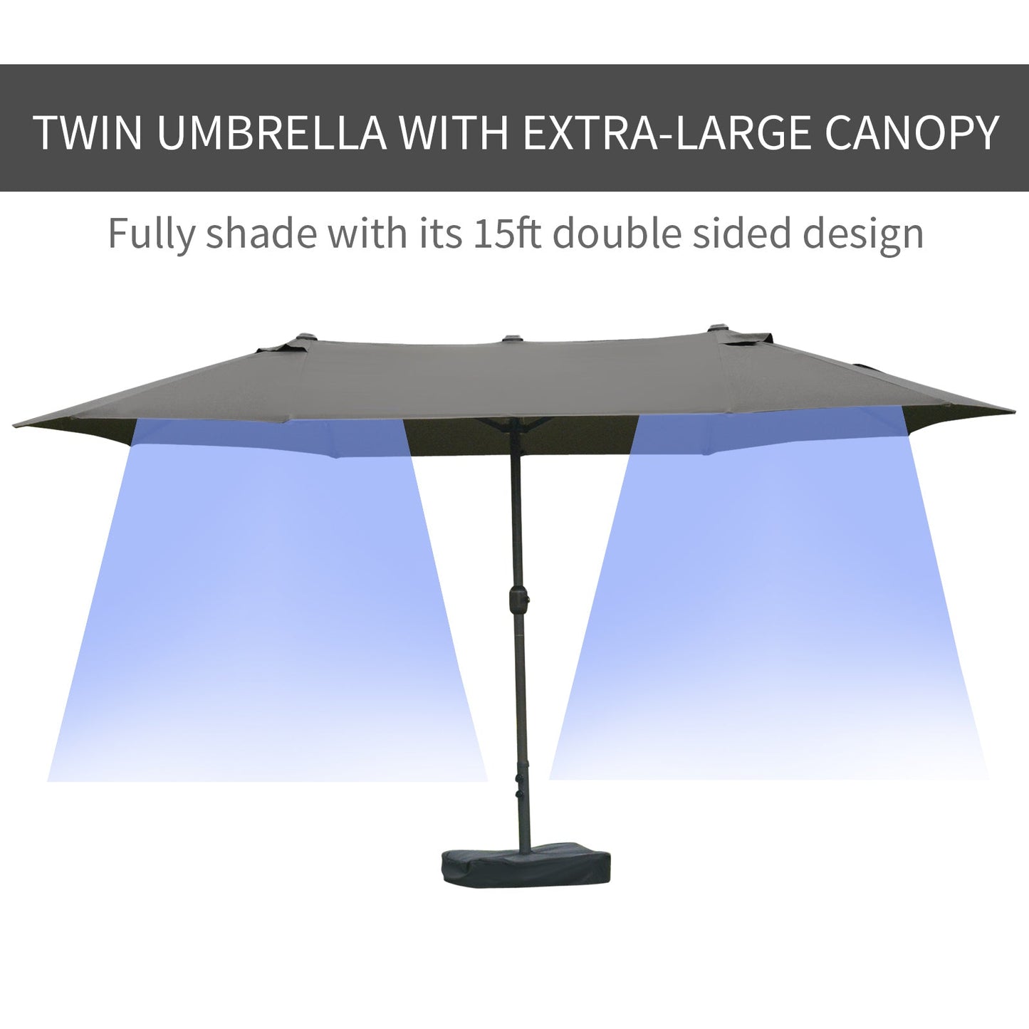 '-Outsunny 15' Patio Umbrella with Base, Rectangular Outdoor Double Sided Market Umbrella, Sun Protection & Easy Crank for Deck Pool, Dark Gray - Outdoor Style Company