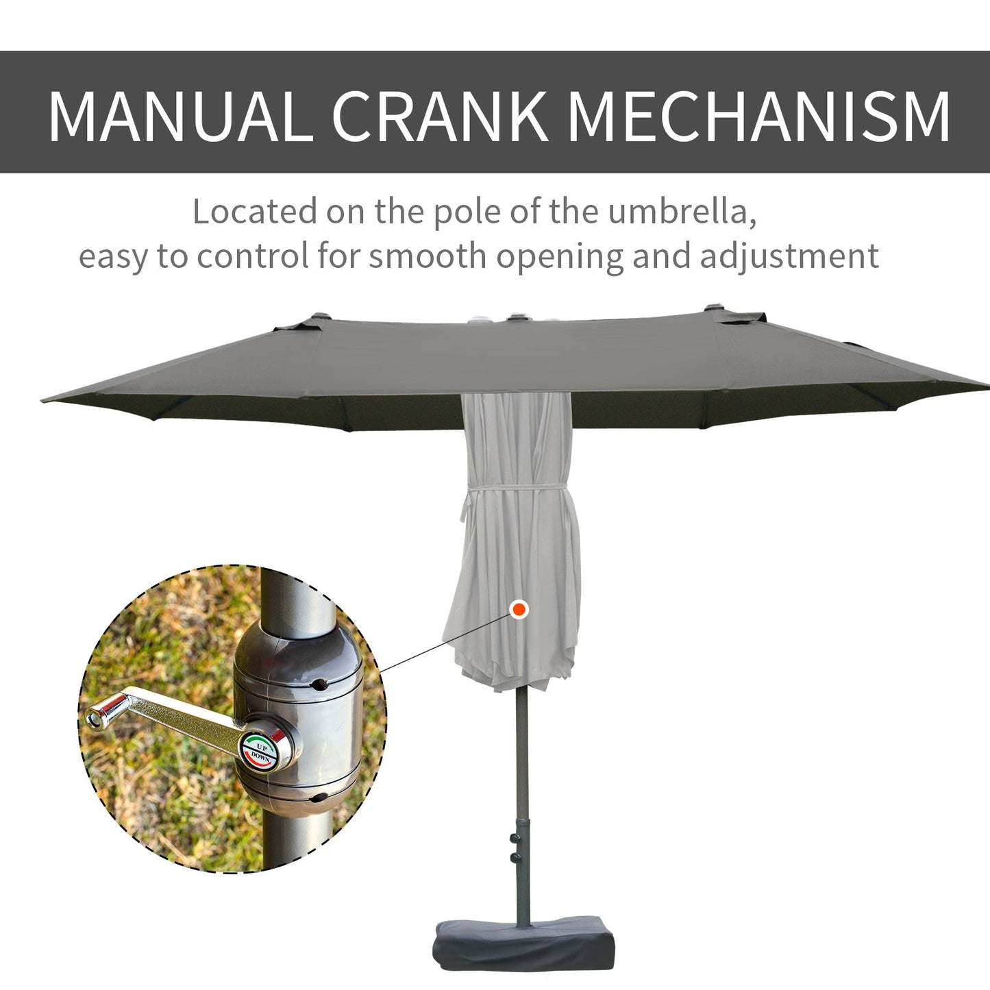 '-Outsunny 15' Patio Umbrella with Base, Rectangular Outdoor Double Sided Market Umbrella, Sun Protection & Easy Crank for Deck Pool, Dark Gray - Outdoor Style Company