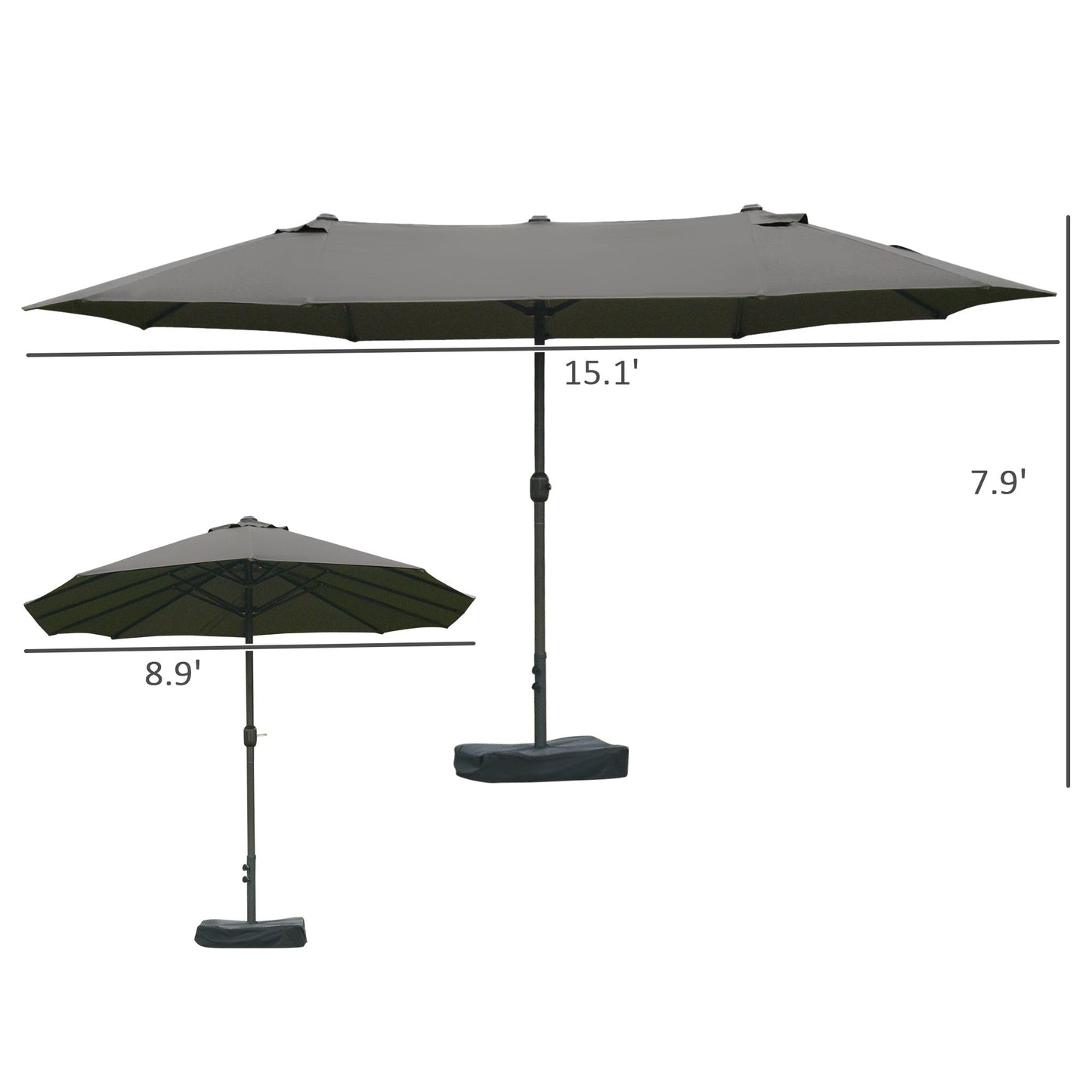 '-Outsunny 15' Patio Umbrella with Base, Rectangular Outdoor Double Sided Market Umbrella, Sun Protection & Easy Crank for Deck Pool, Dark Gray - Outdoor Style Company