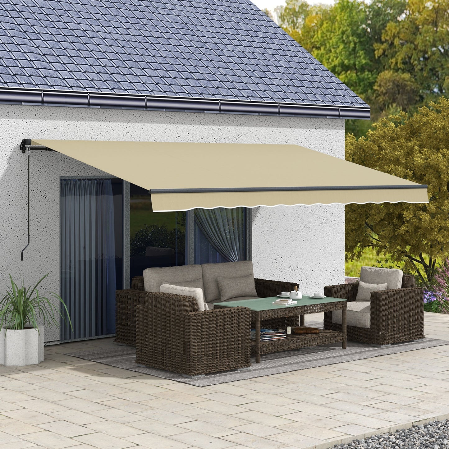 -Outsunny 16' x 10' Retractable Awning, 280gsm UV Resistant Sunshade Shelter for Deck, Balcony, Yard, Beige - Outdoor Style Company