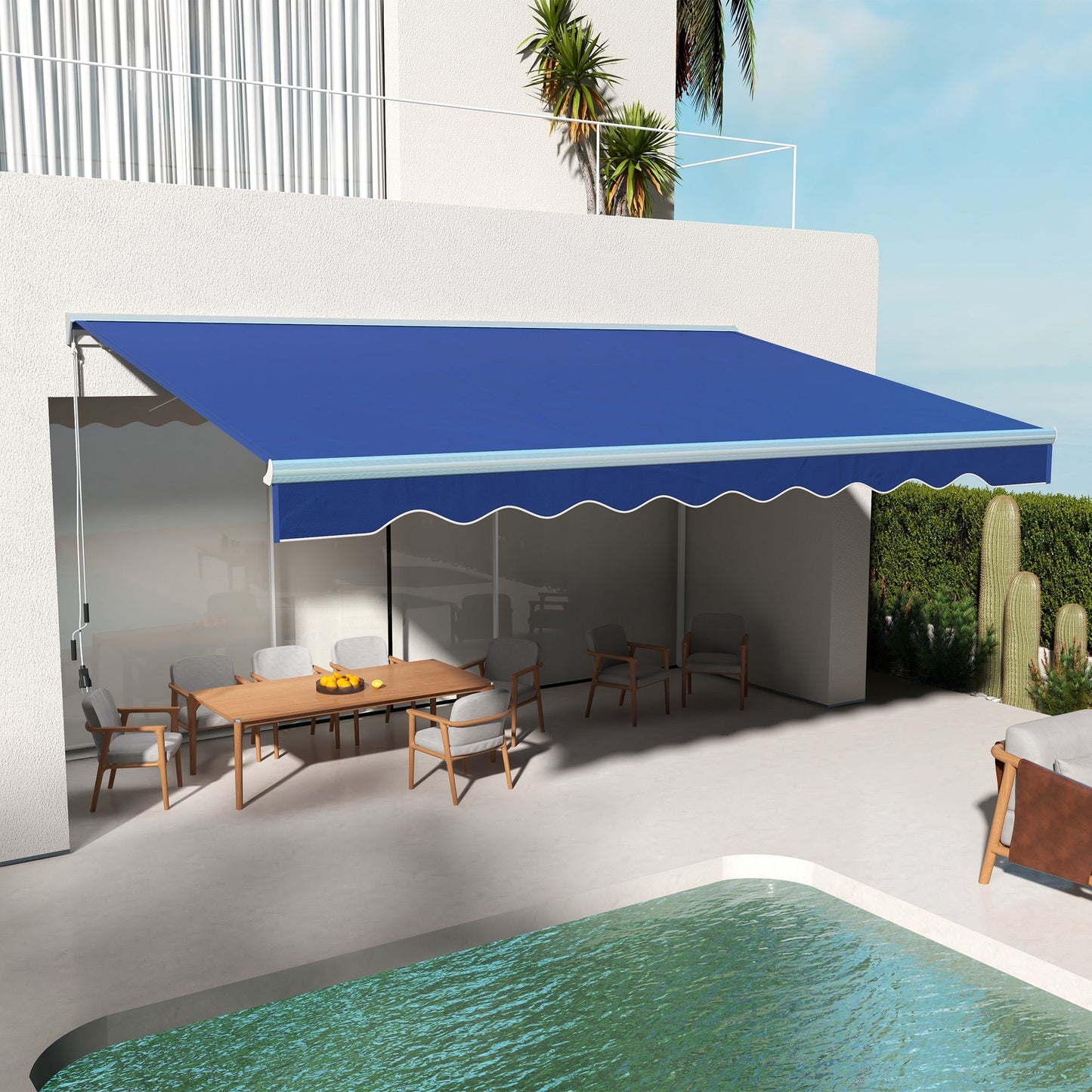 '-Outsunny 16.5' x 10' Electric Awning, Retractable Awning with LED Lights and Remote Controller for Door and Window, Blue - Outdoor Style Company