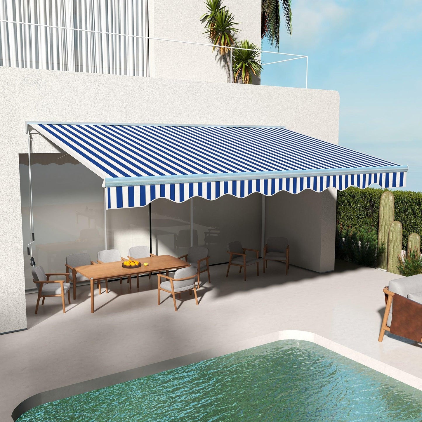 '-Outsunny 16.5' x 10' Electric Awning, Retractable Awning with LED Lights and Remote Controller for Door and Window, Blue/White - Outdoor Style Company