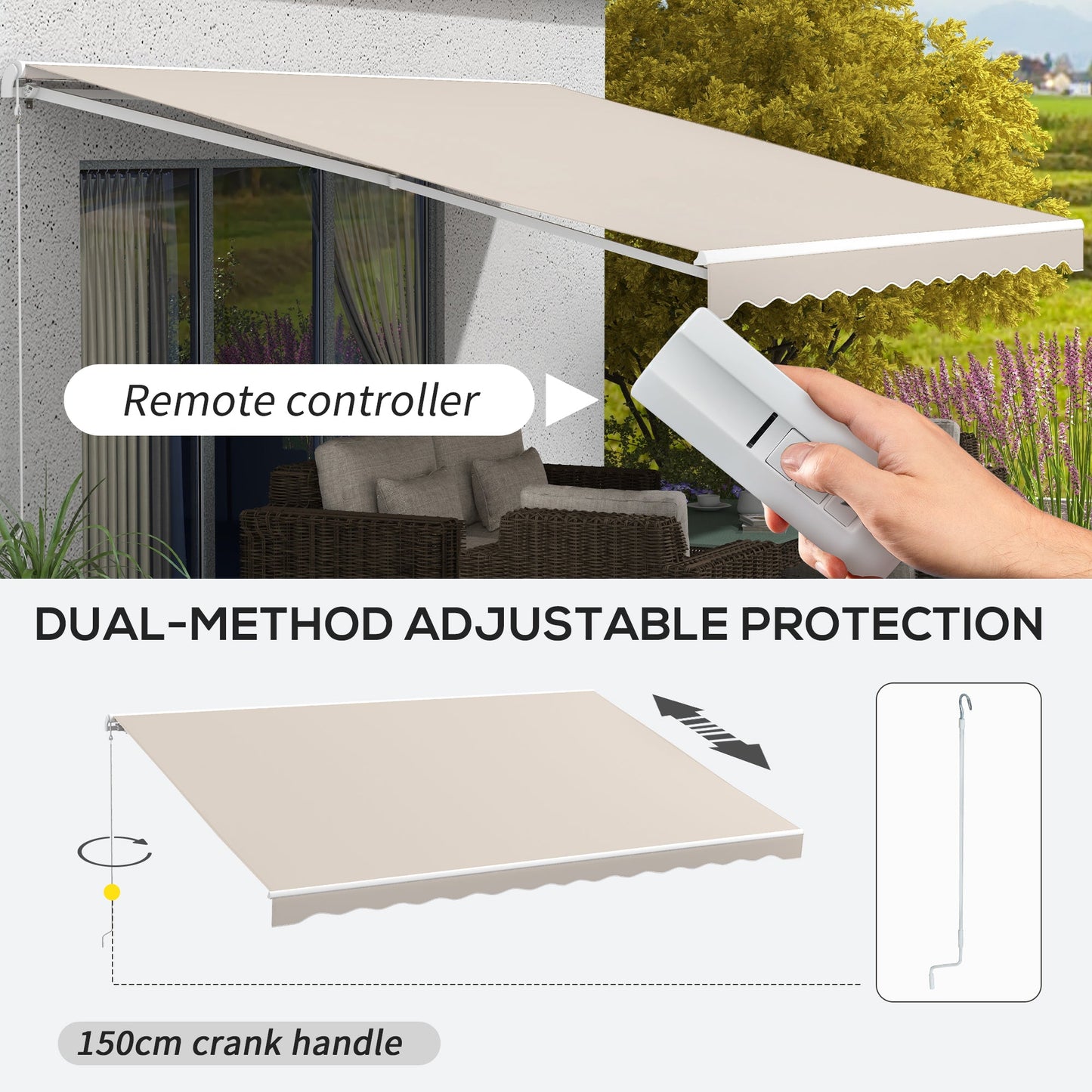 -Outsunny 16'x10' Electric Retractable Awning Sunshade Shelter with Remote Controller, Crank Handle for Deck Balcony Yard, Cream - Outdoor Style Company