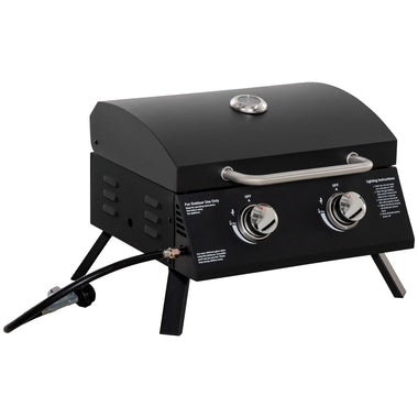 -Outsunny 2 Burner Propane Gas Grill Outdoor Portable Tabletop BBQ with Foldable Legs, Lid, Thermometer for Camping, Picnic, Backyard, Black - Outdoor Style Company