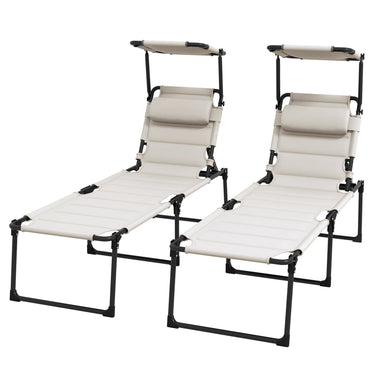 -Outsunny 2 Folding Chaise Lounge Pool Chairs, Outdoor Sun Tanning Chairs w/ Sunroof, Headrests, 4-Position Reclining Back, Beige - Outdoor Style Company