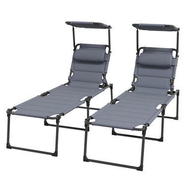-Outsunny 2 Folding Chaise Lounge Pool Chairs, Outdoor Sun Tanning Chairs w/ Sunroof, Headrests, 4-Position Reclining Back, Gray - Outdoor Style Company