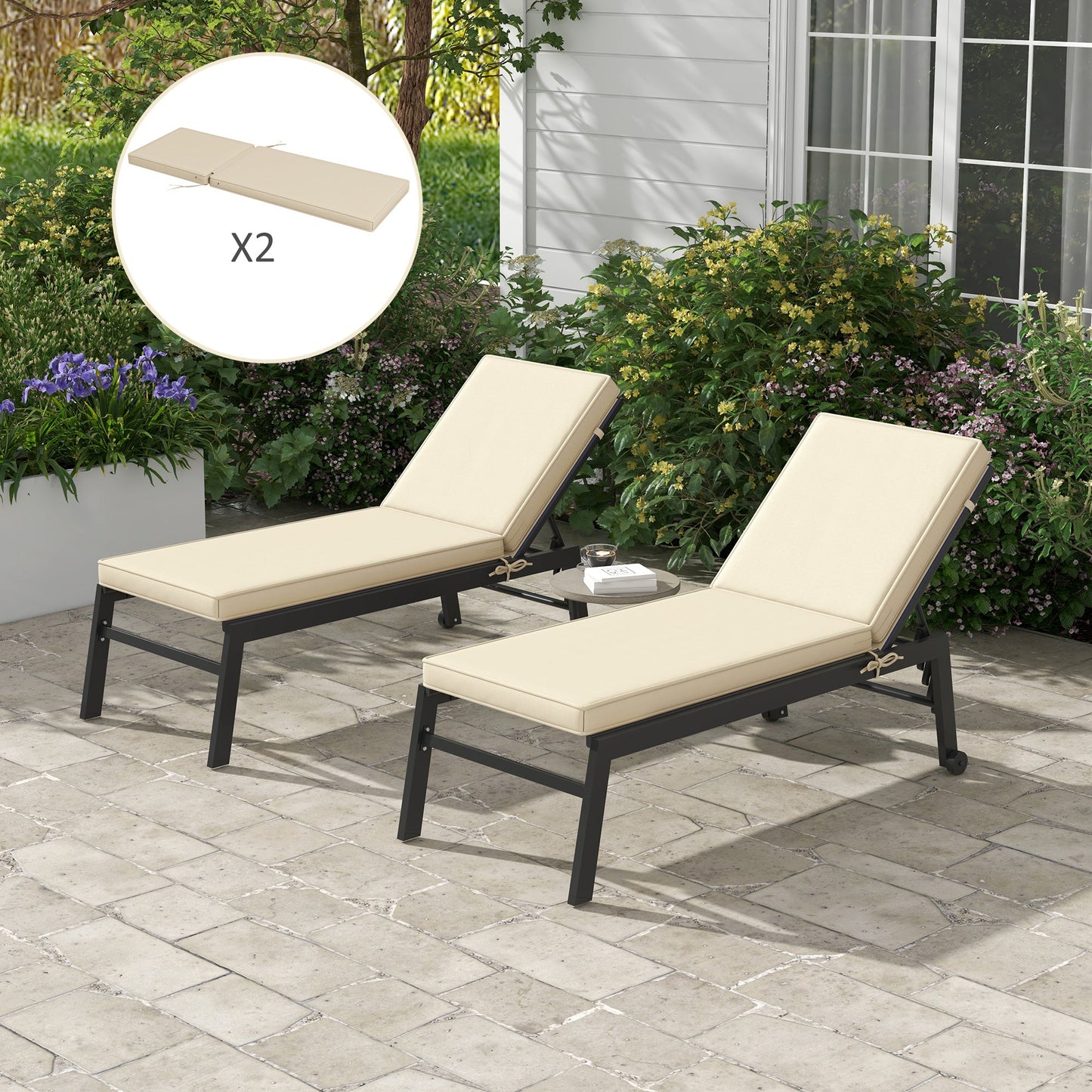 '-Outsunny 2 Patio Chaise Lounge Chair Cushions with Backrests, Replacement Patio Cushions with Ties, Lounge Chair, Beige - Outdoor Style Company