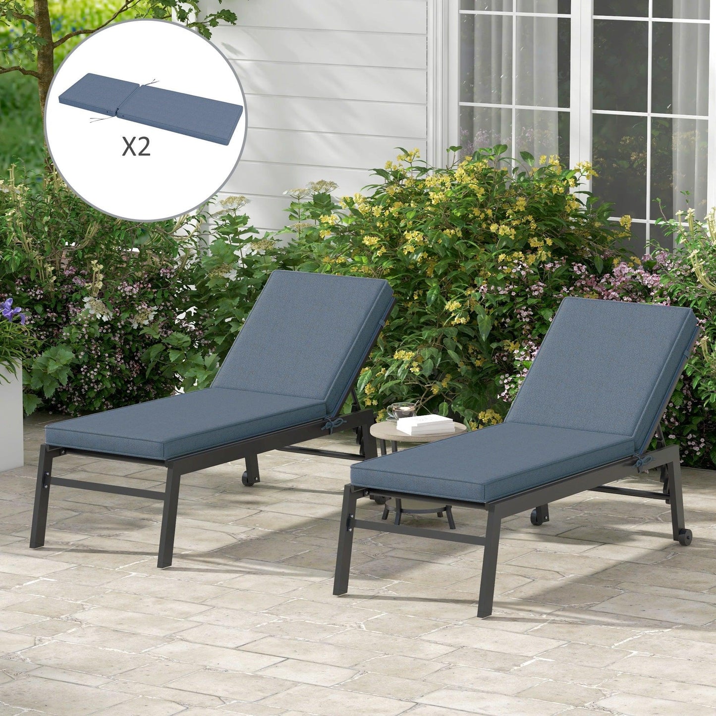 '-Outsunny 2 Patio Chaise Lounge Chair Cushions with Backrests, Replacement Patio Cushions with Ties, Lounge Chair, Blue - Outdoor Style Company