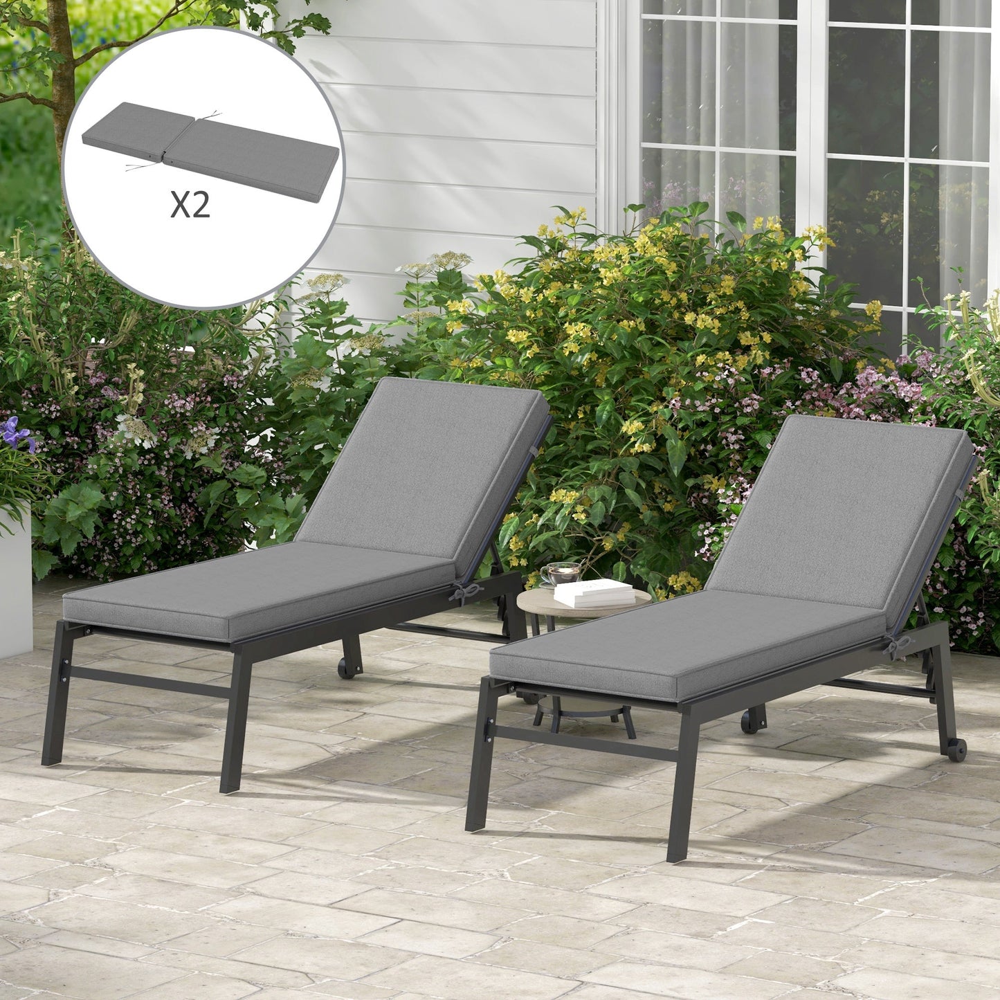 '-Outsunny 2 Patio Chaise Lounge Chair Cushions with Backrests, Replacement Patio Cushions with Ties, Lounge Chair, Gray - Outdoor Style Company