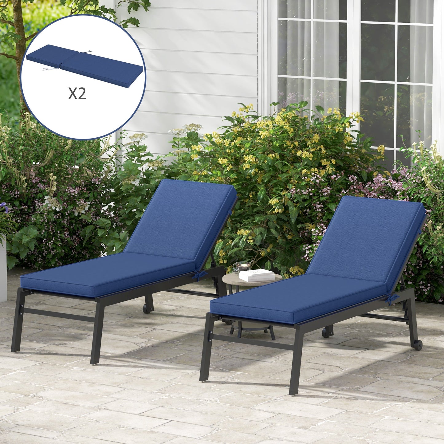 '-Outsunny 2 Patio Chaise Lounge Chair Cushions with Backrests, Replacement Patio Cushions with Ties, Lounge Chair, Navy Blue - Outdoor Style Company