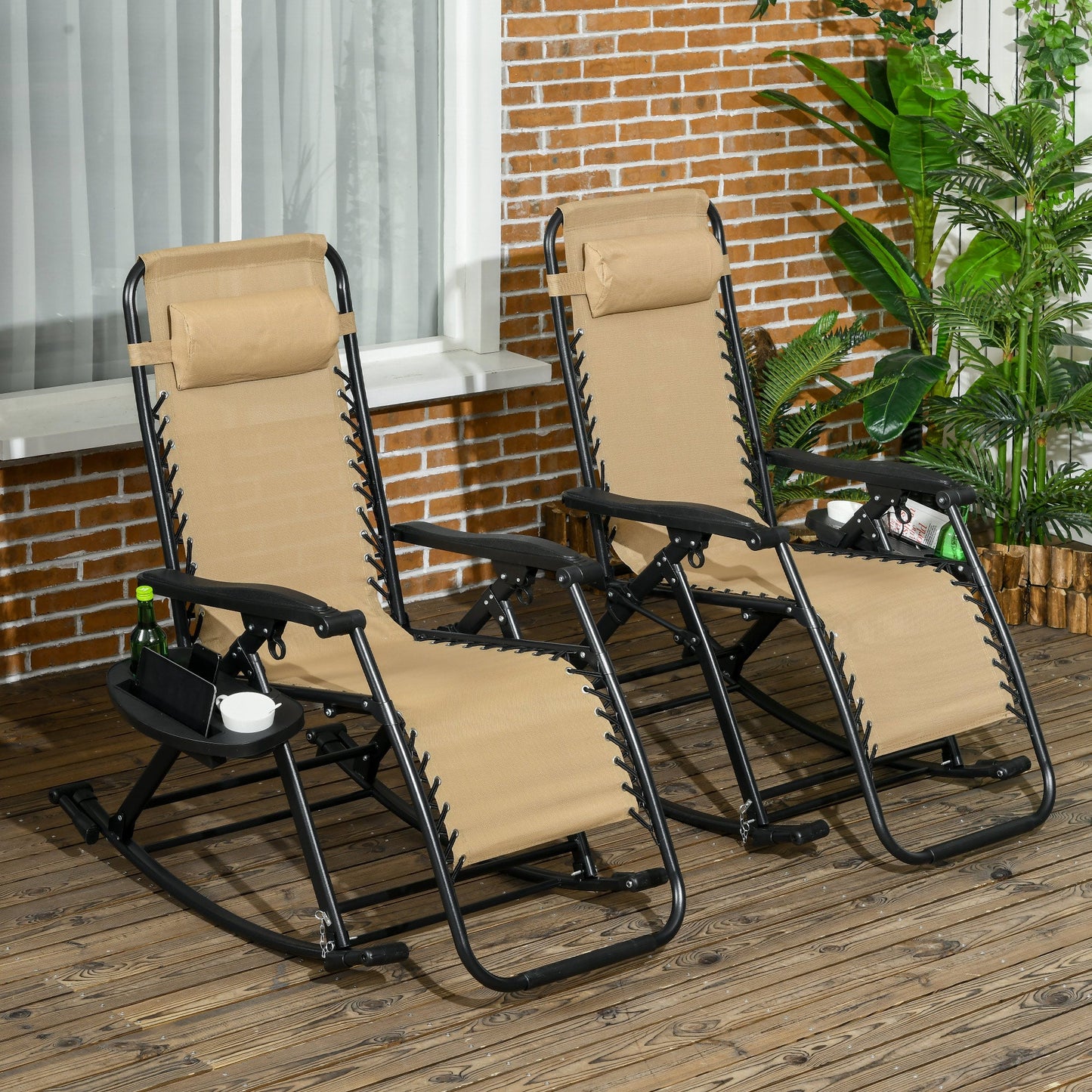 '-Outsunny 2 Pcs Outdoor Rocking Chairs Foldable Reclining Zero Gravity Lounge Rocker w/ Pillow Cup & Phone Holder, Beige - Outdoor Style Company