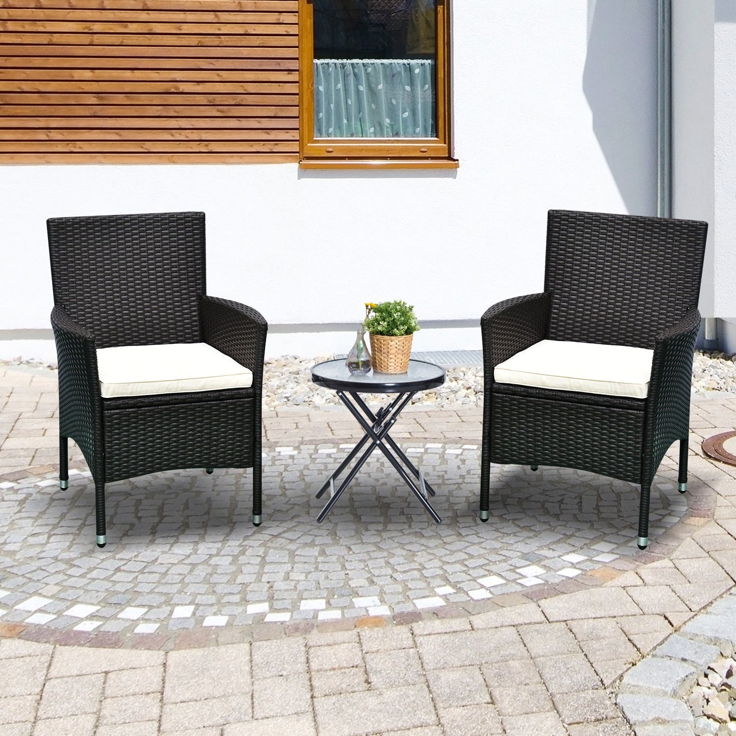 '-Outsunny 2 PCS Rattan Wicker Dining Chairs with Cushions and Anti-Slip Foot, Patio Stackable Chairs Set for Backyard, Garden, Lawn, Dark Coffee - Outdoor Style Company