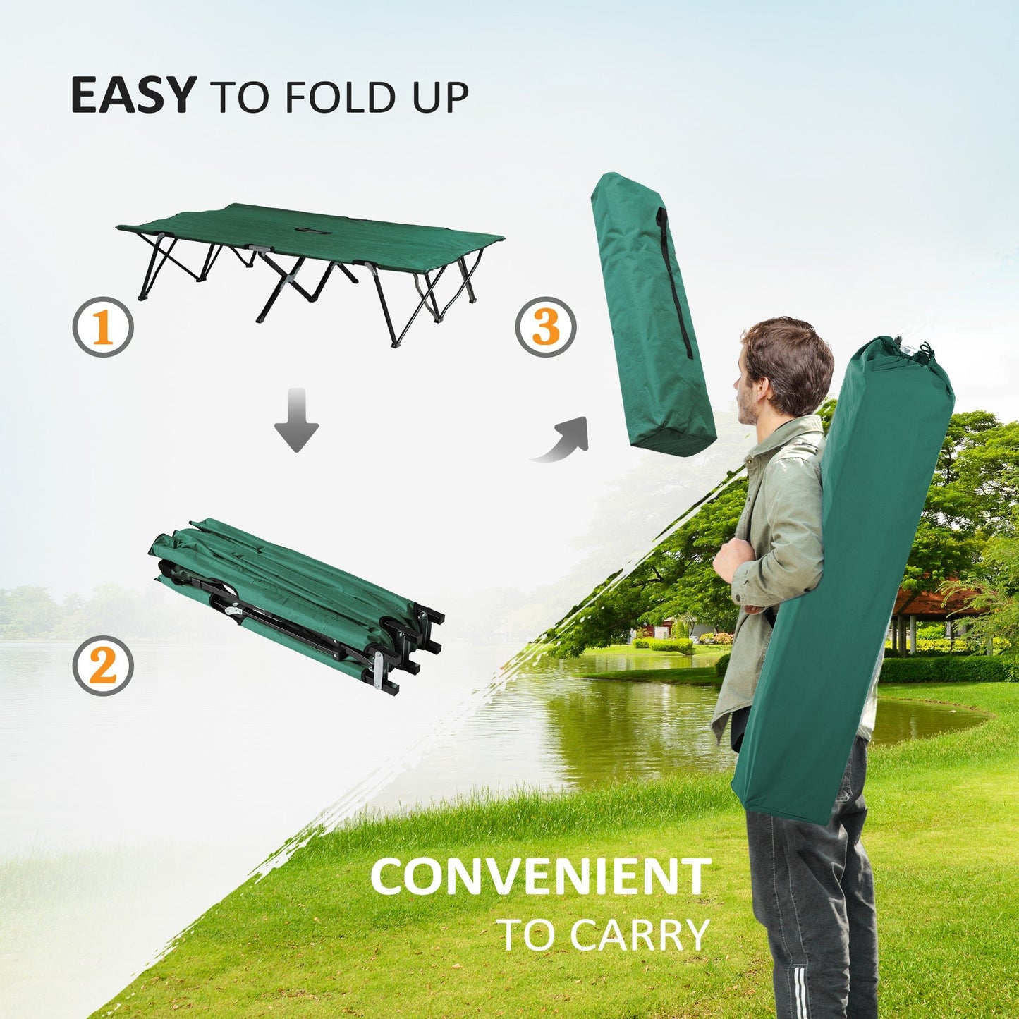 '-Outsunny 2 Person Folding Camp Cot for Adults, 50" Wide Outdoor Portable Sleeping Cot with Carry Bag, Elevated Camping Bed, Green - Outdoor Style Company