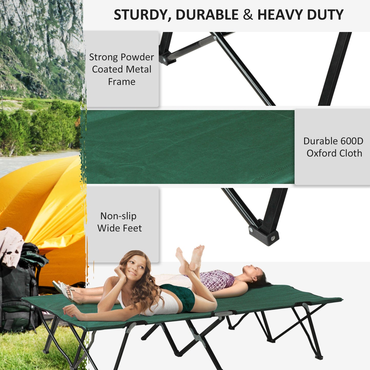 '-Outsunny 2 Person Folding Camp Cot for Adults, 50" Wide Outdoor Portable Sleeping Cot with Carry Bag, Elevated Camping Bed, Green - Outdoor Style Company