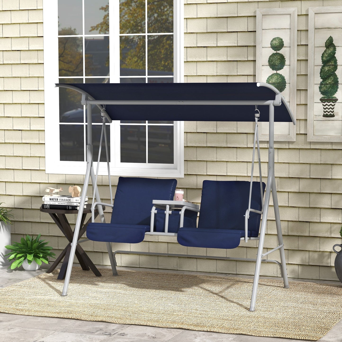 '-Outsunny 2 Person Porch Swing with Stand, Outdoor Swing with Canopy, Cup Holders, Cushions for Patio, Backyard, Dark Blue - Outdoor Style Company